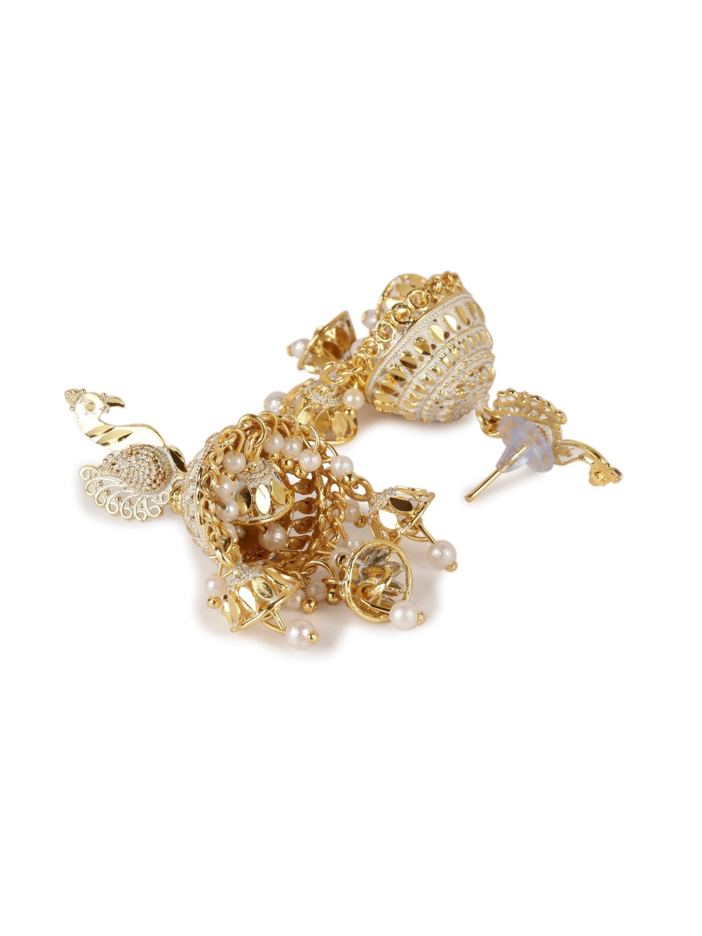 Women's Gold Plated White Peacock Shaped Enamelled Jhumkas