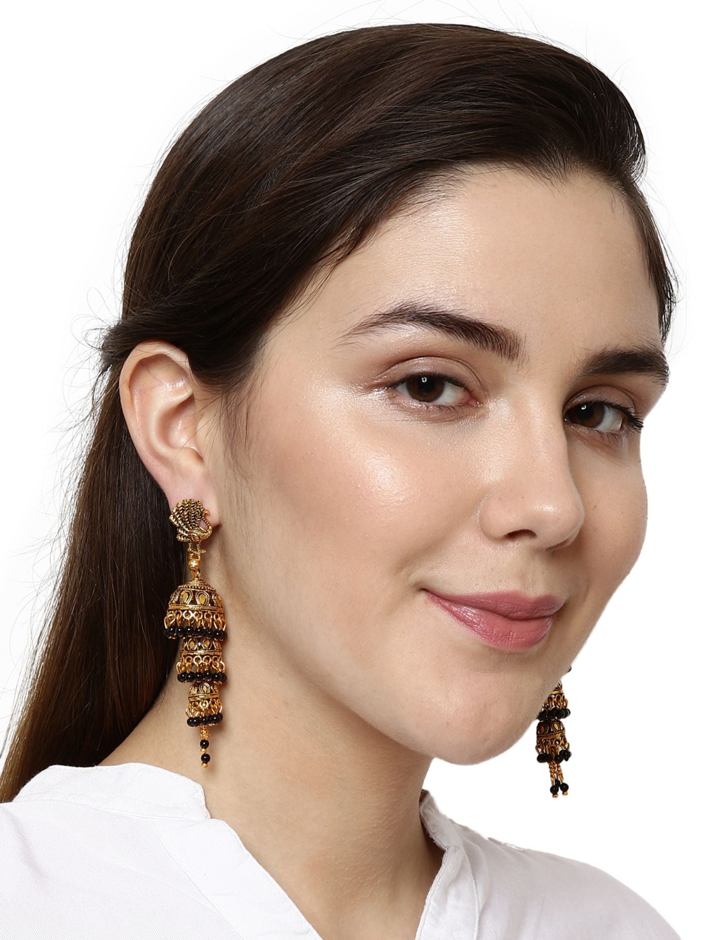 Women's Gold Plated & Black Peacock Shaped Enamelled Jhumkas