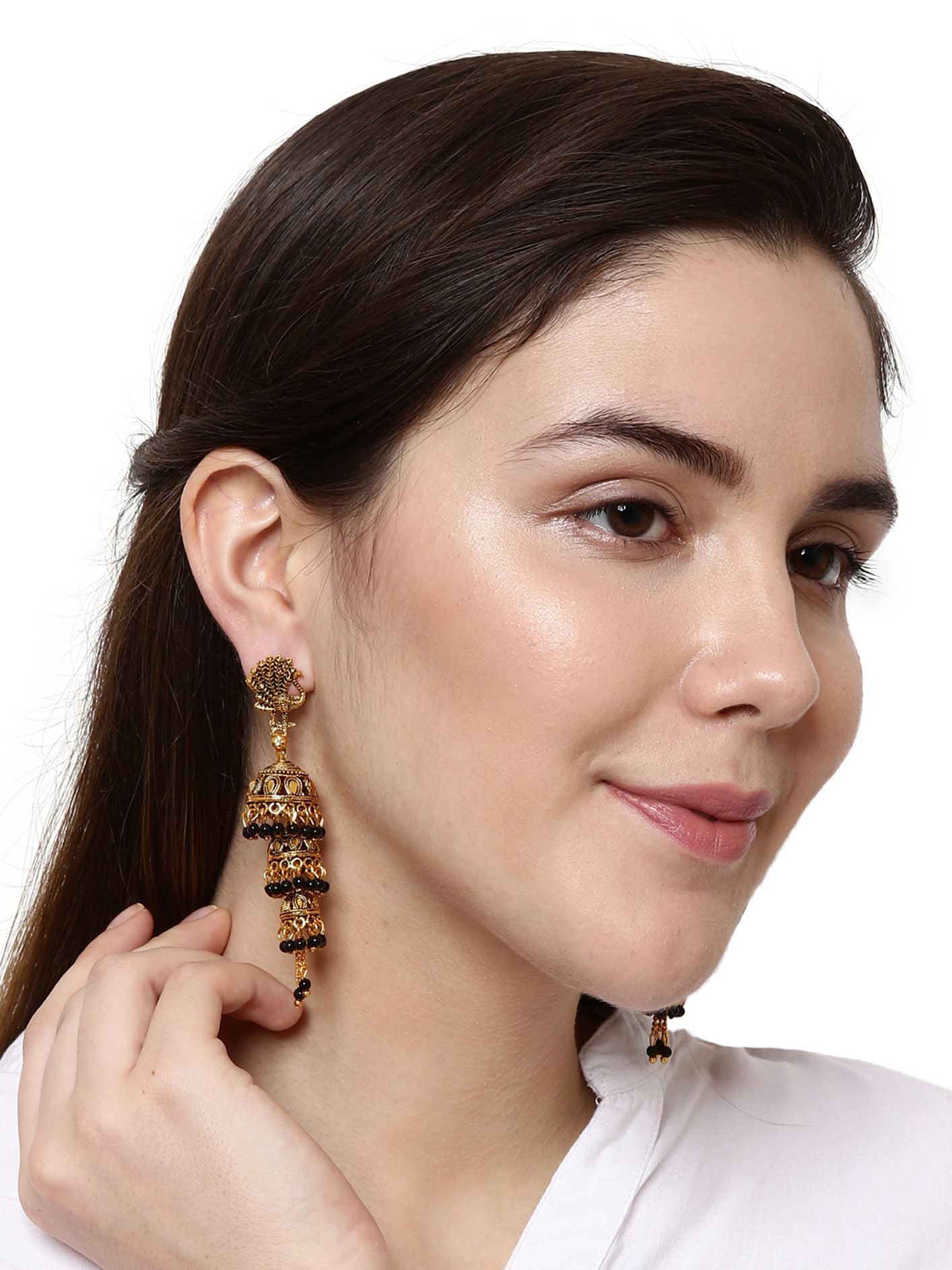 Women's Gold Plated & Black Peacock Shaped Enamelled Jhumkas