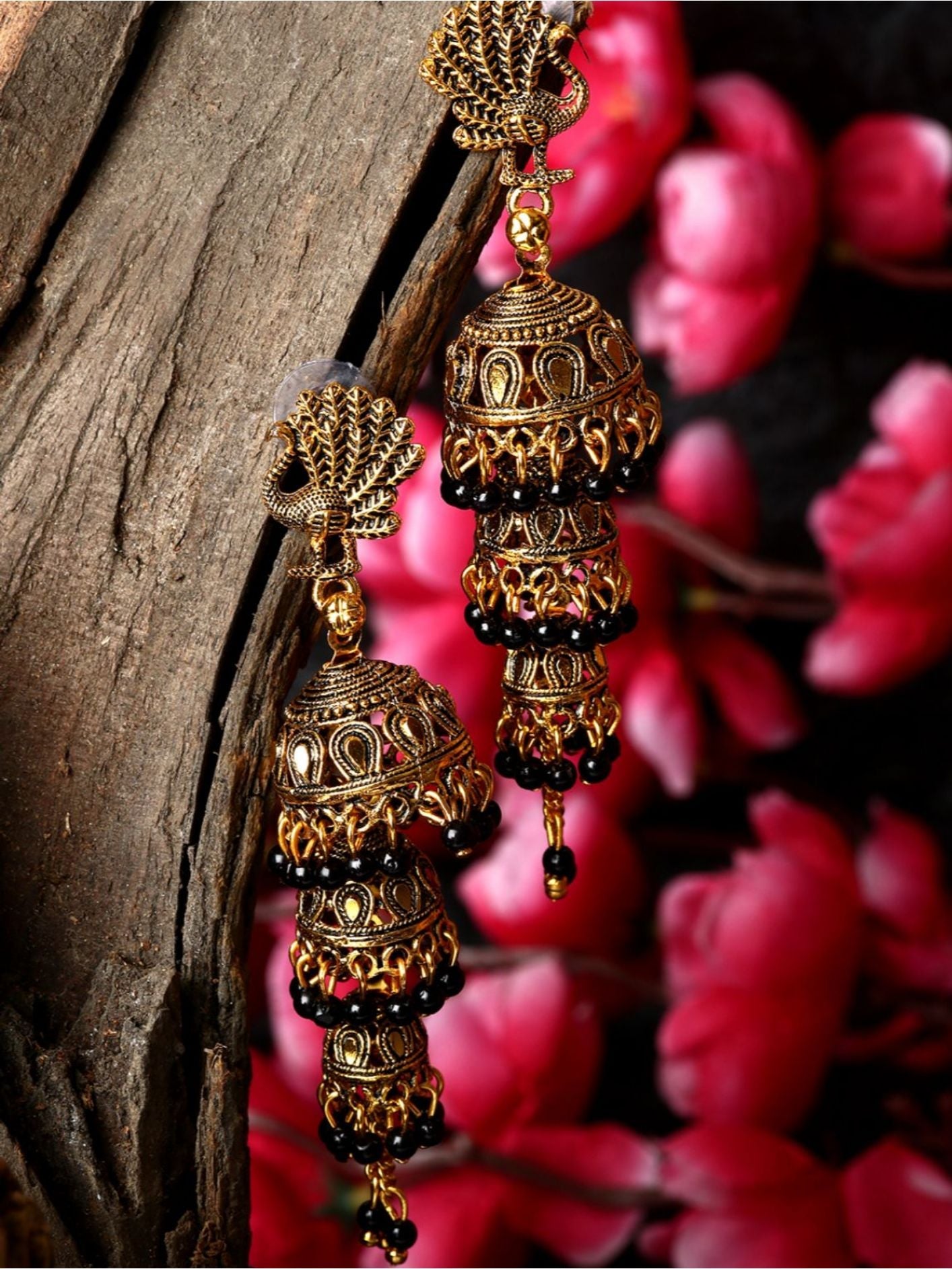 Women's Gold Plated & Black Peacock Shaped Enamelled Jhumkas