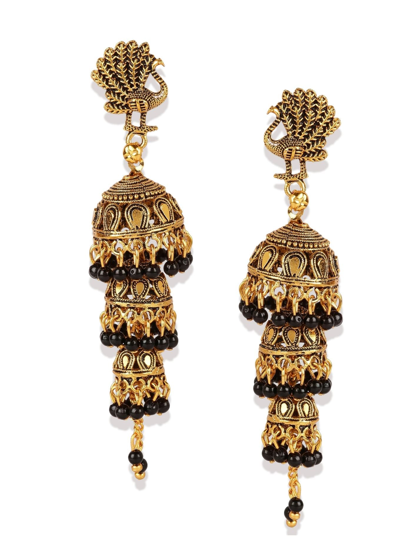 Women's Gold Plated & Black Peacock Shaped Enamelled Jhumkas