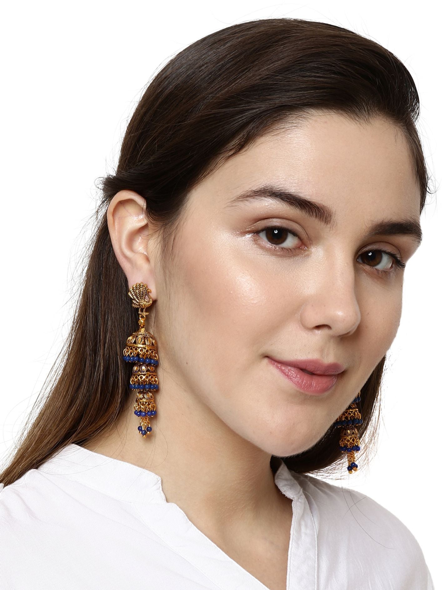 Women's Gold Plated & Blue Peacock Shaped Enamelled Jhumkas