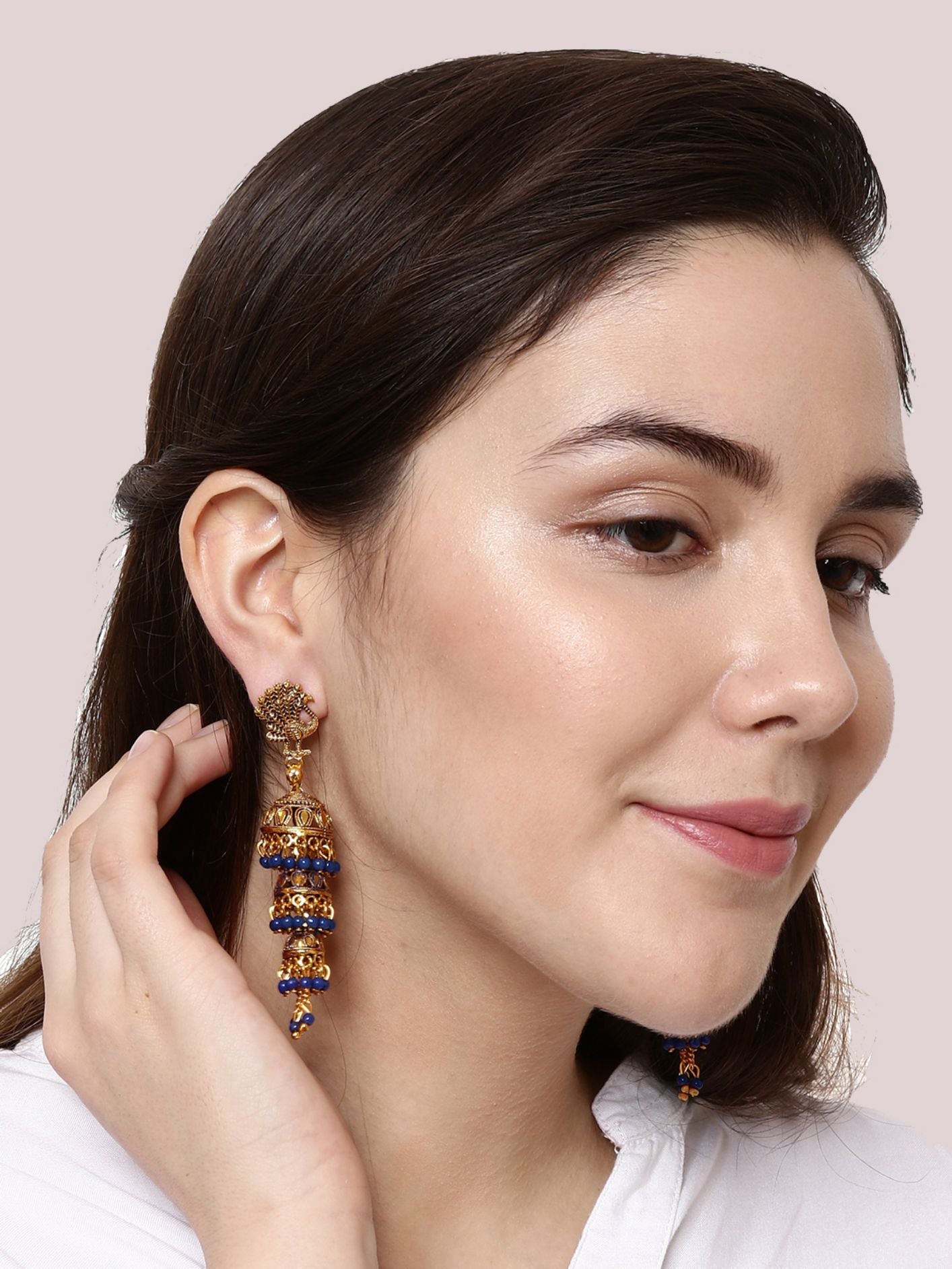 Women's Gold Plated & Blue Peacock Shaped Enamelled Jhumkas