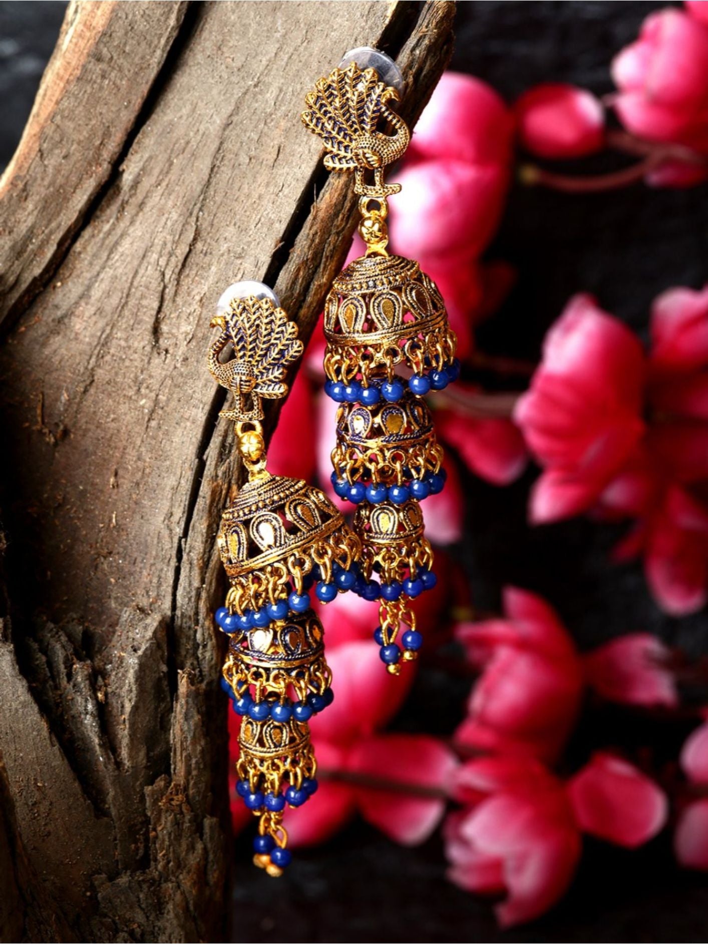 Women's Gold Plated & Blue Peacock Shaped Enamelled Jhumkas