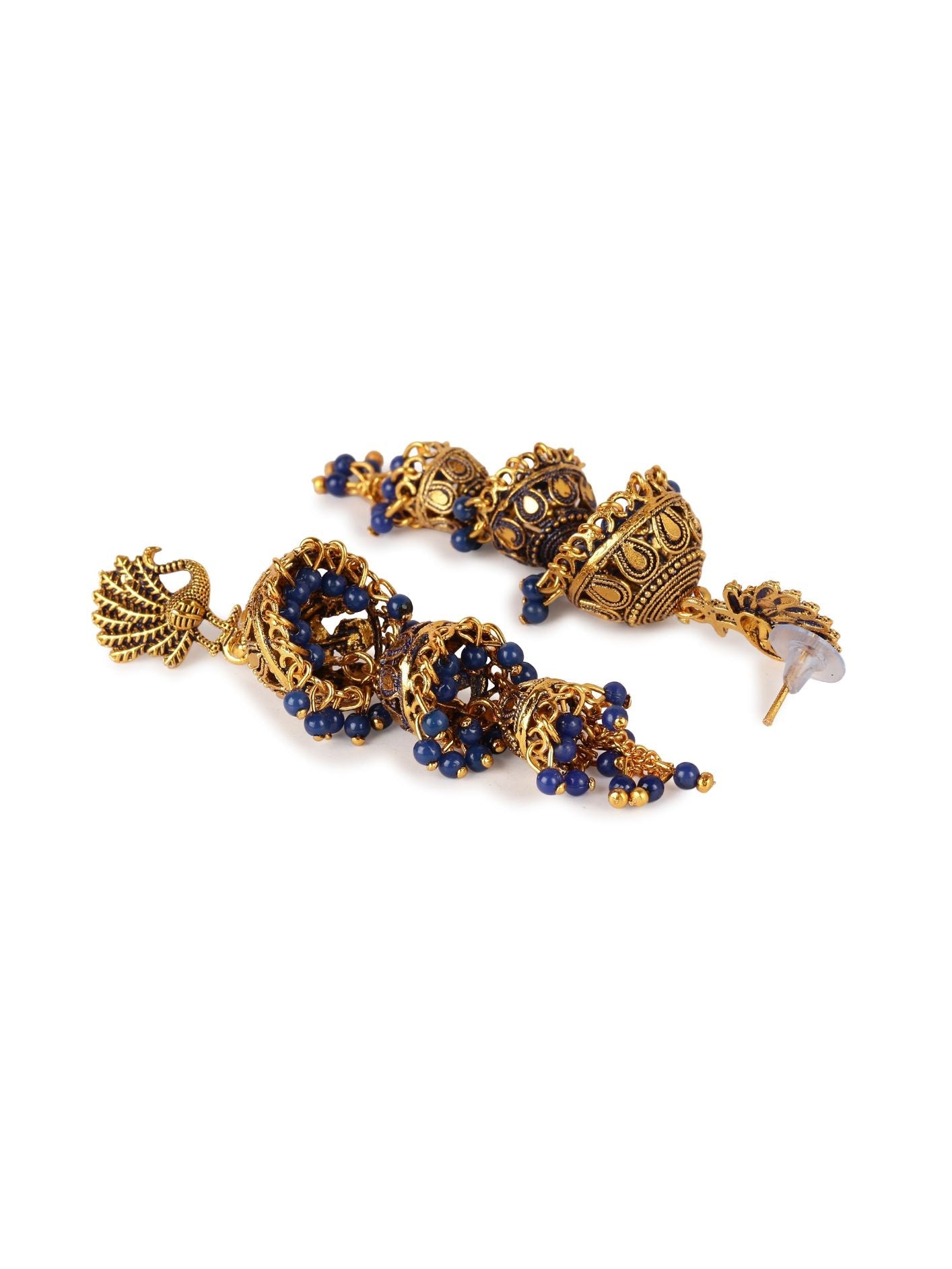 Women's Gold Plated & Blue Peacock Shaped Enamelled Jhumkas