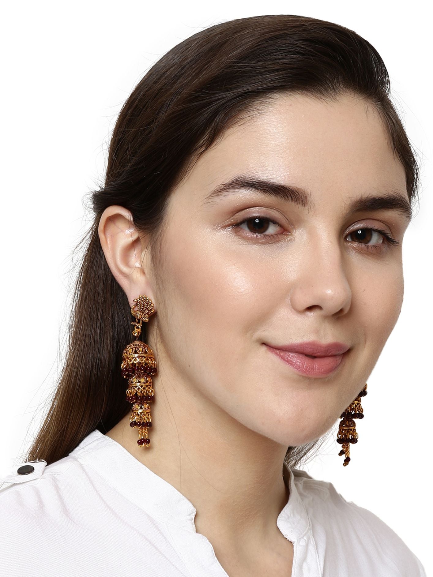 Women's Gold Plated & Maroon Peacock Shaped Enamelled Jhumkas