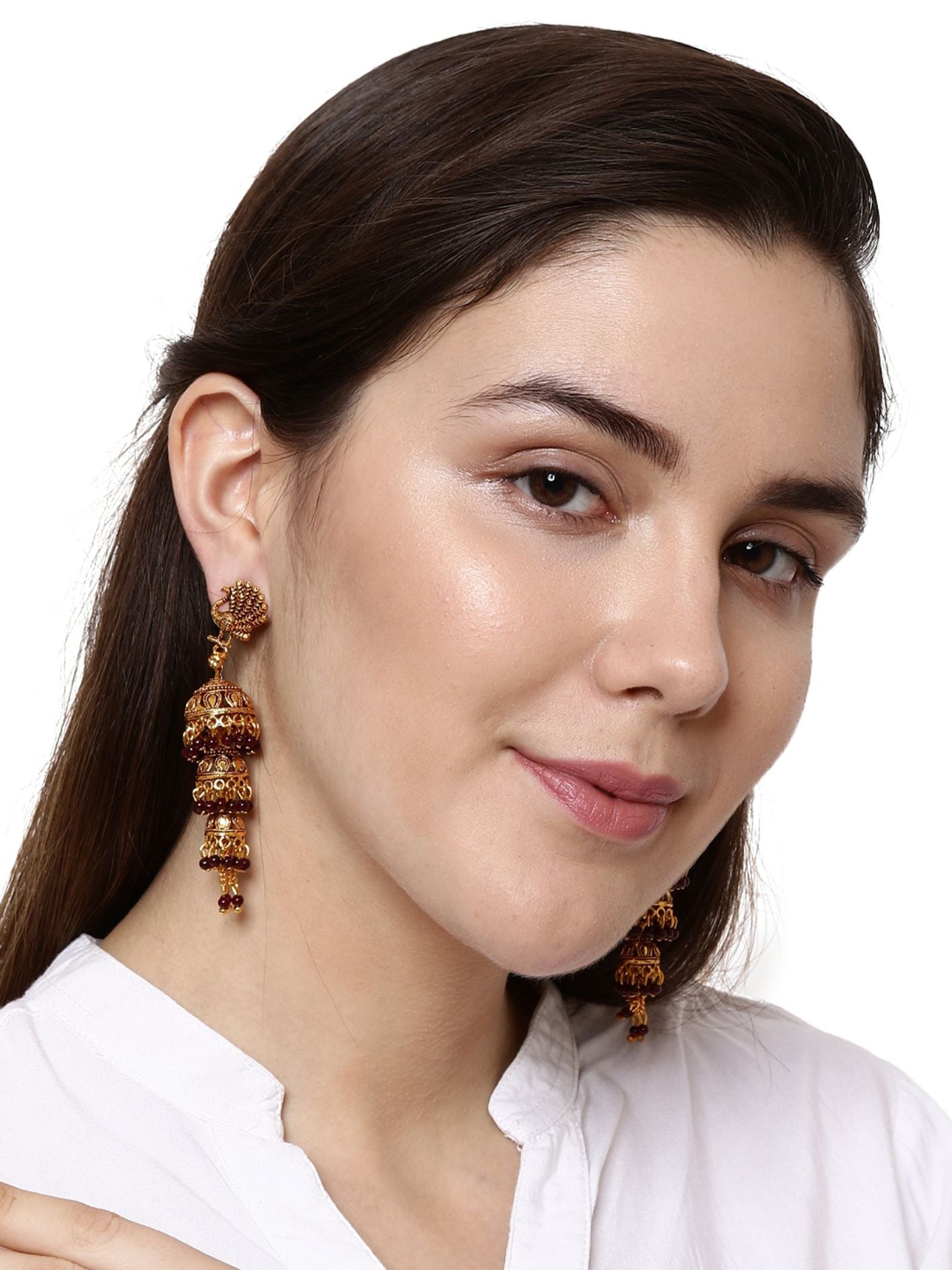 Women's Gold Plated & Maroon Peacock Shaped Enamelled Jhumkas