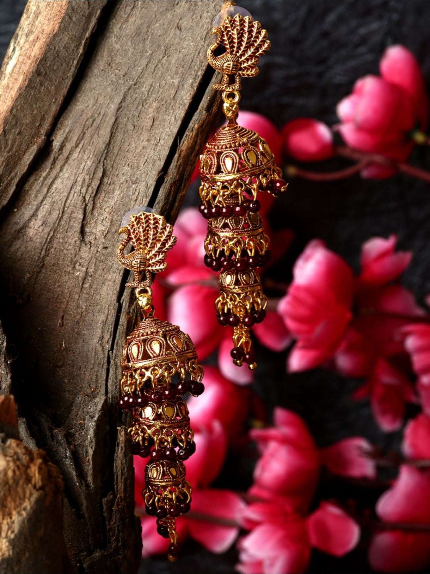 Women's Gold Plated & Maroon Peacock Shaped Enamelled Jhumkas
