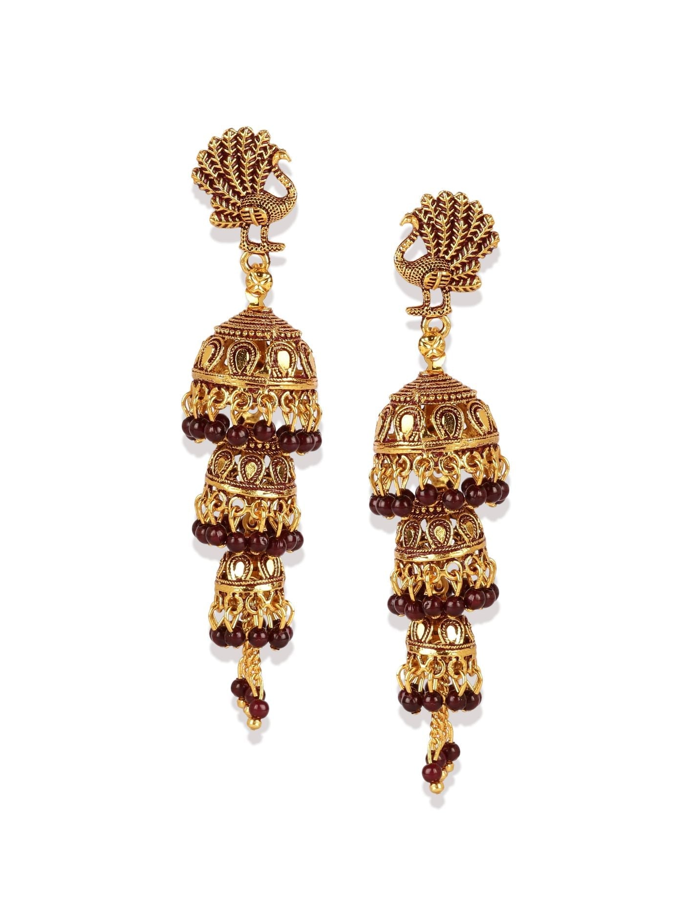 Women's Gold Plated & Maroon Peacock Shaped Enamelled Jhumkas