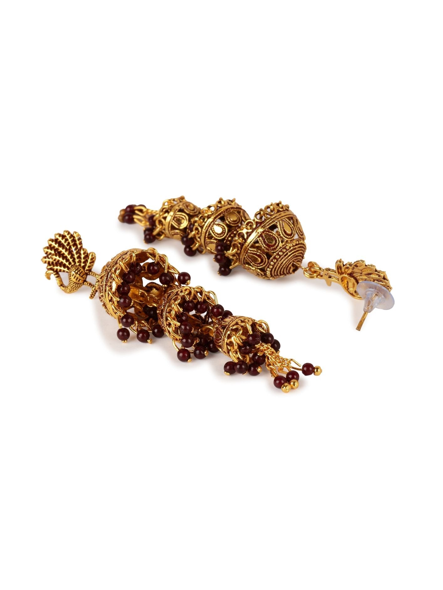 Women's Gold Plated & Maroon Peacock Shaped Enamelled Jhumkas