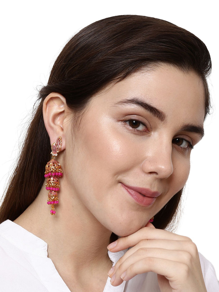 Women's Gold Plated & Pink Enamelled Dome Shaped Jhumkas