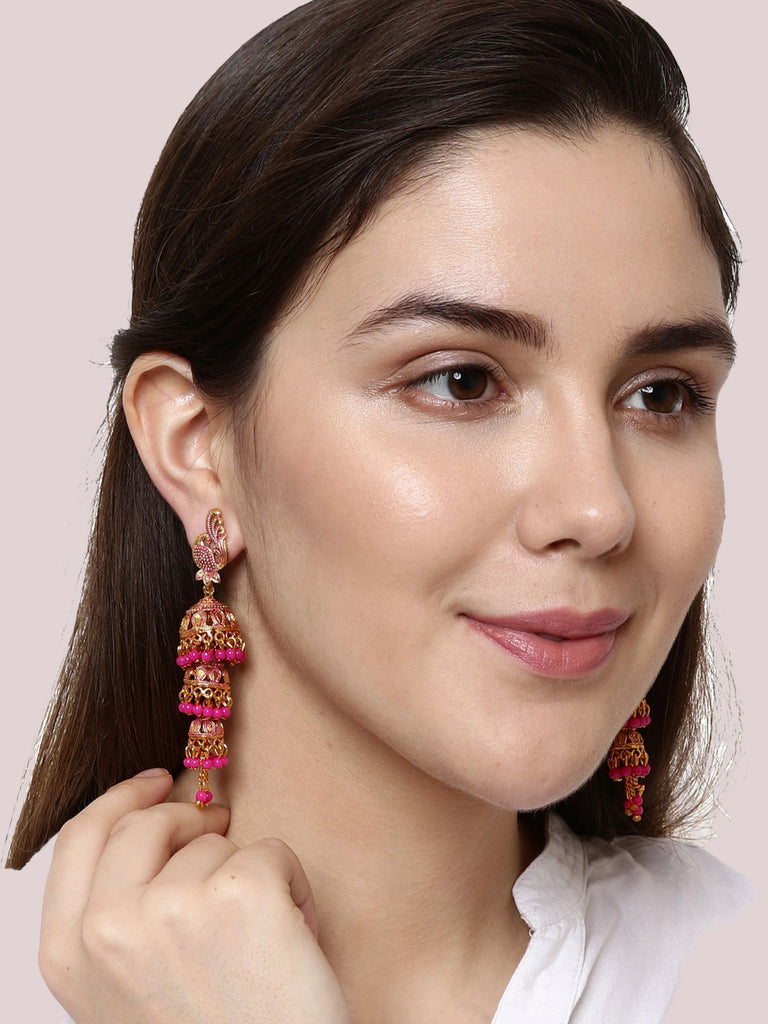 Women's Gold Plated & Pink Enamelled Dome Shaped Jhumkas