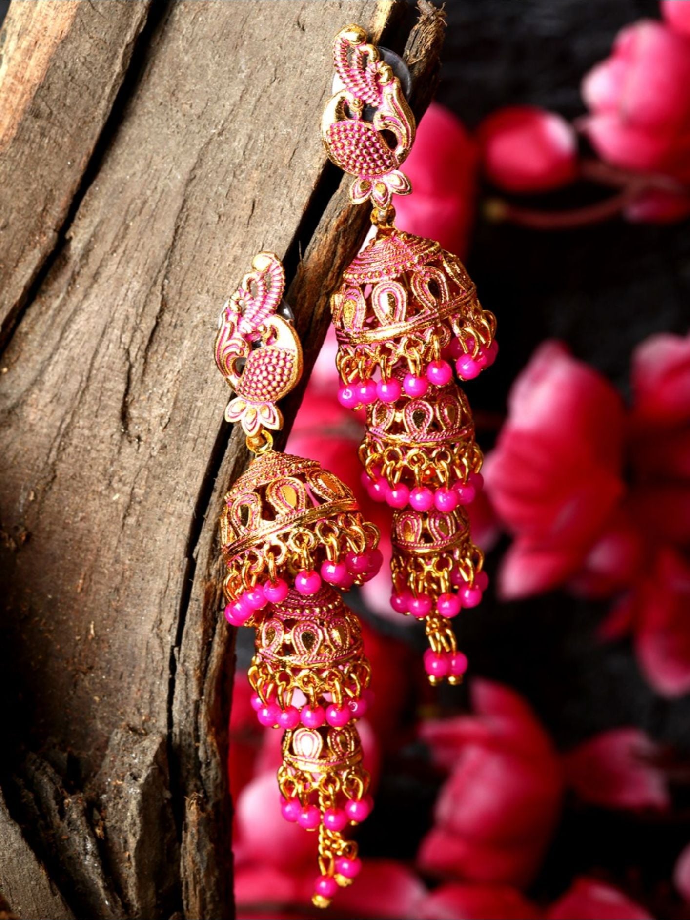 Women's Gold Plated & Pink Enamelled Dome Shaped Jhumkas