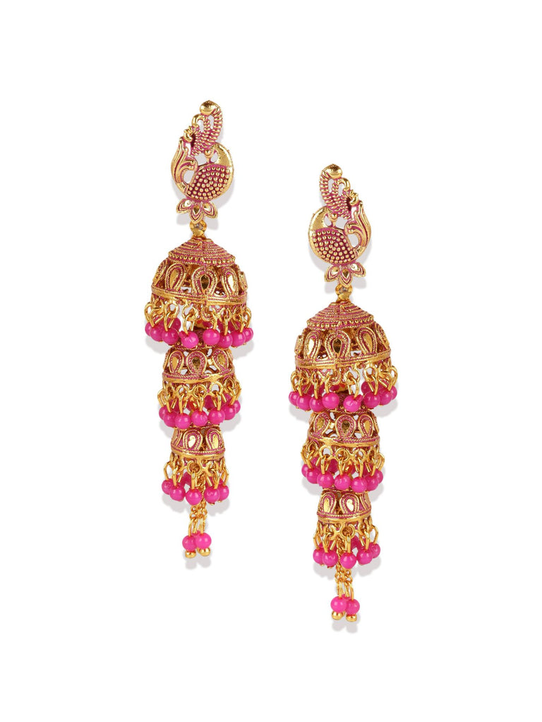Women's Gold Plated & Pink Enamelled Dome Shaped Jhumkas