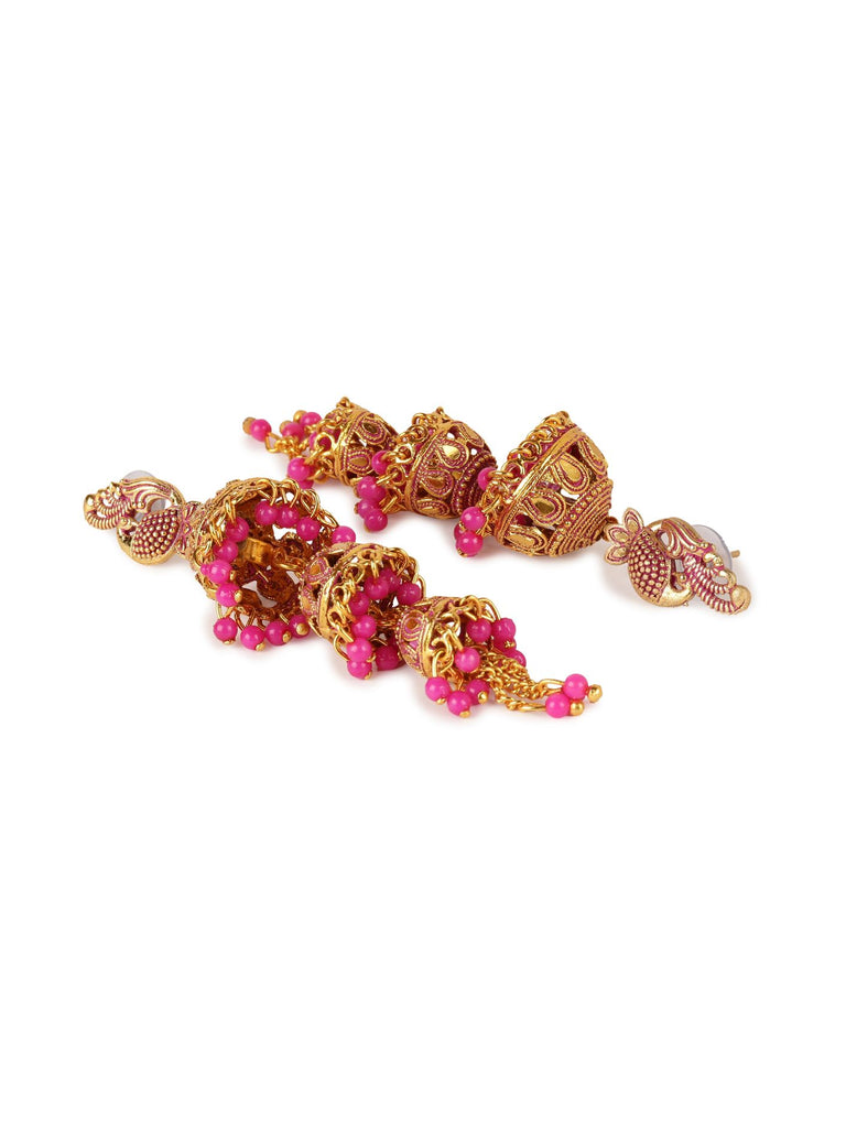 Women's Gold Plated & Pink Enamelled Dome Shaped Jhumkas