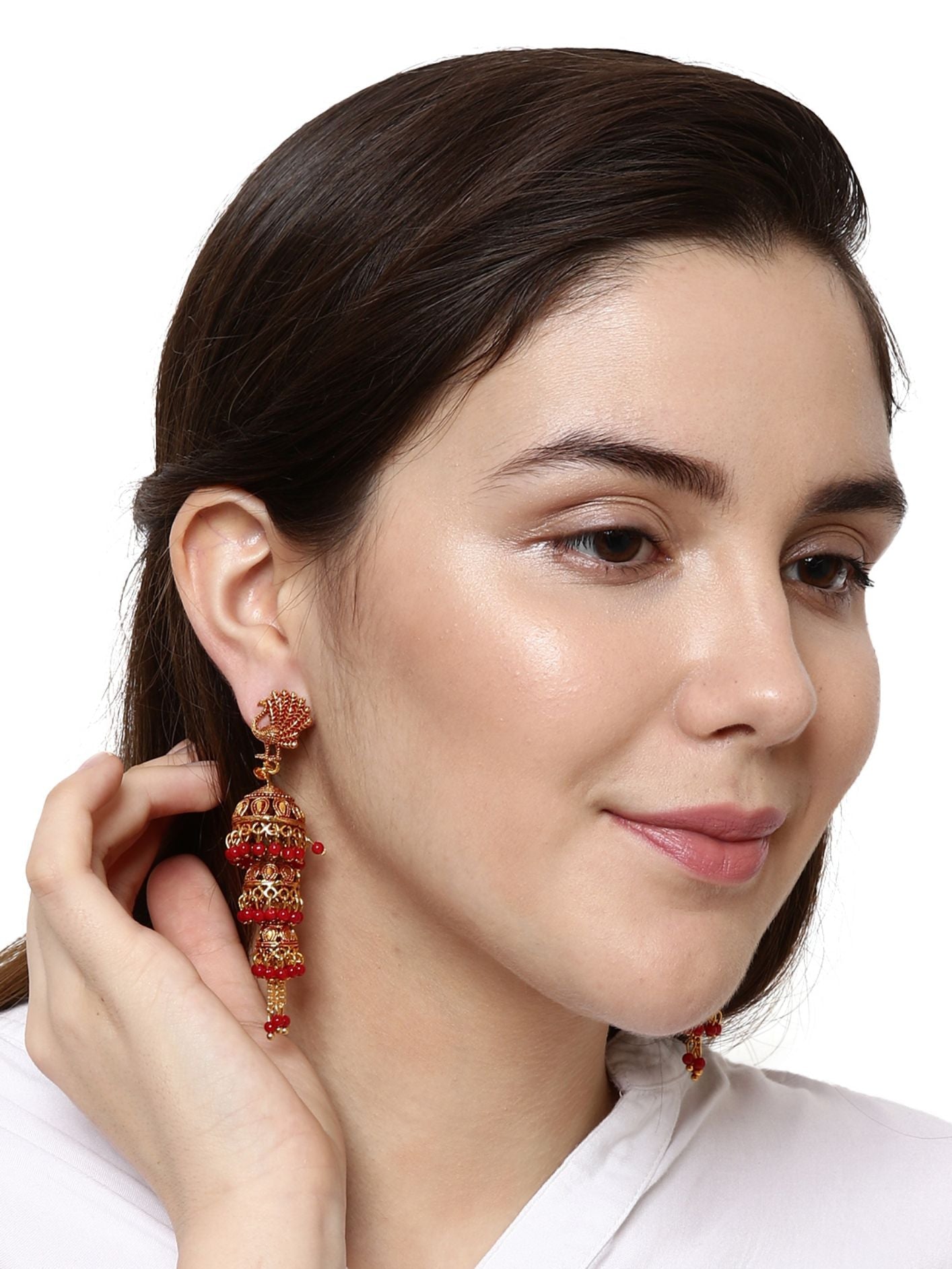 Women's Gold Plated & Red Enamelled Peacock Shaped Jhumkas