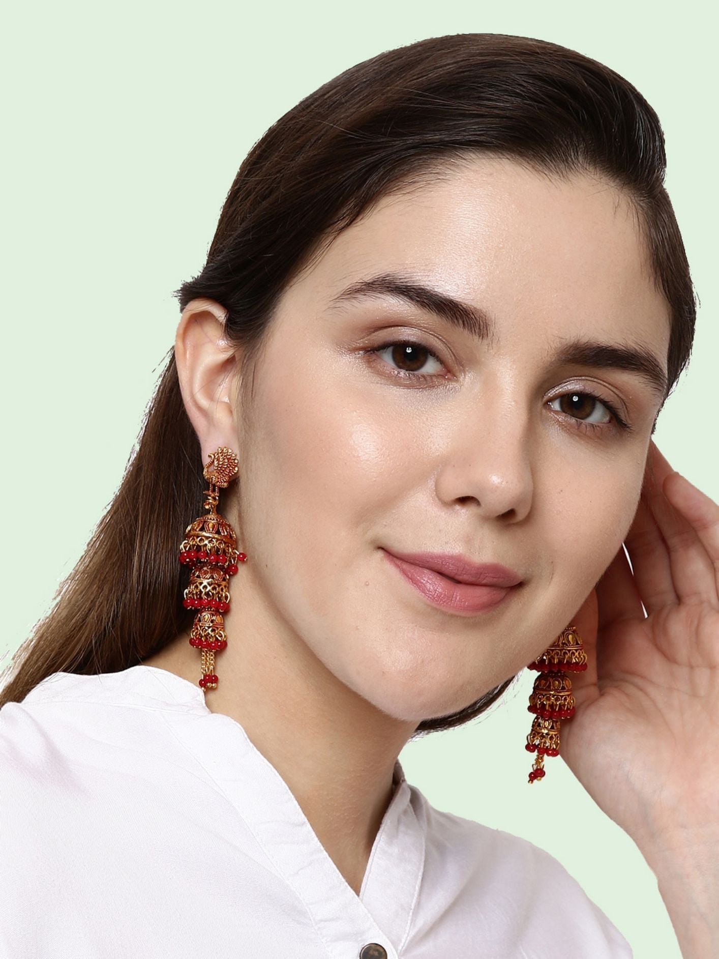 Women's Gold Plated & Red Enamelled Peacock Shaped Jhumkas
