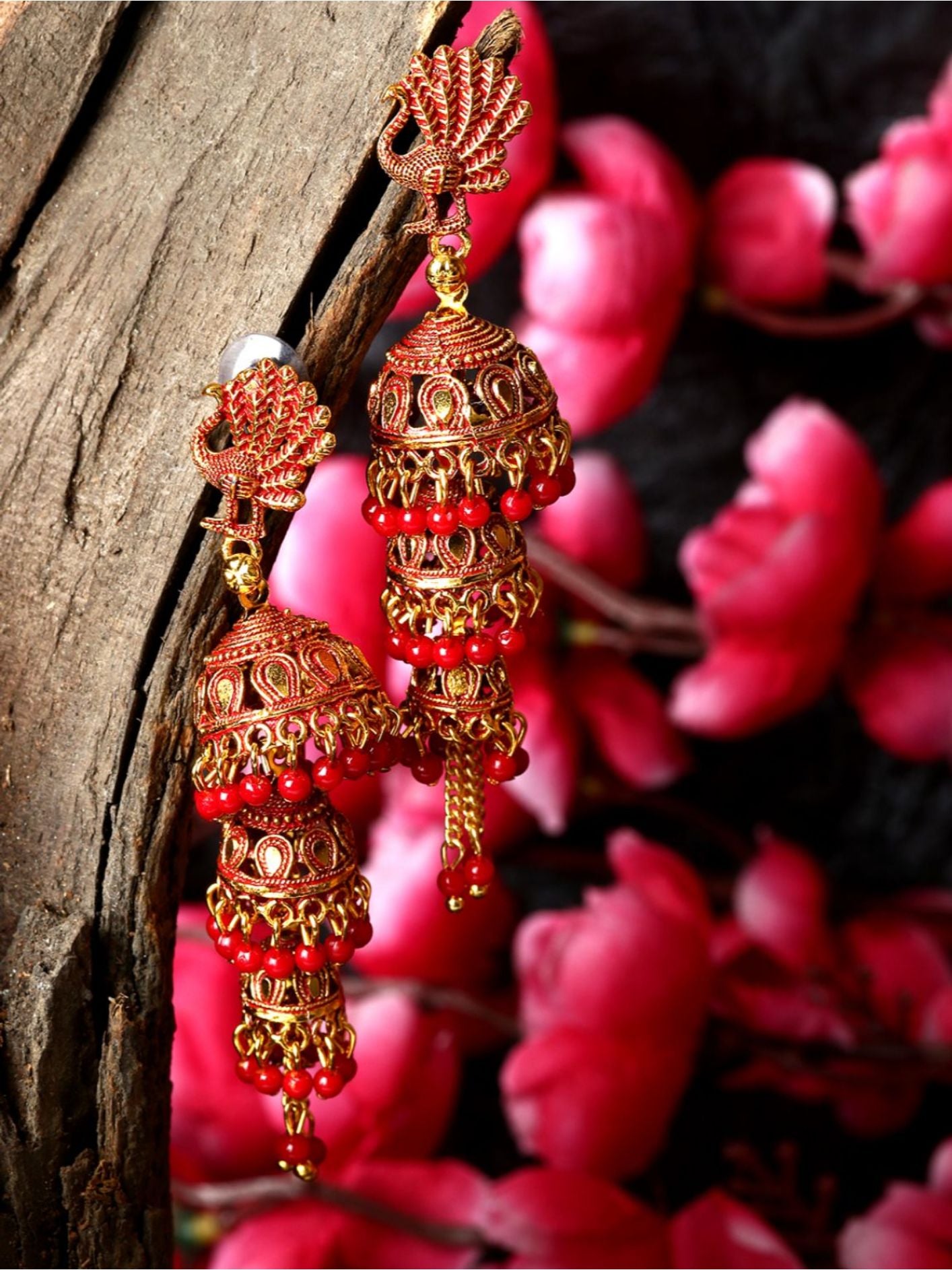 Women's Gold Plated & Red Enamelled Peacock Shaped Jhumkas - Anikas Creation