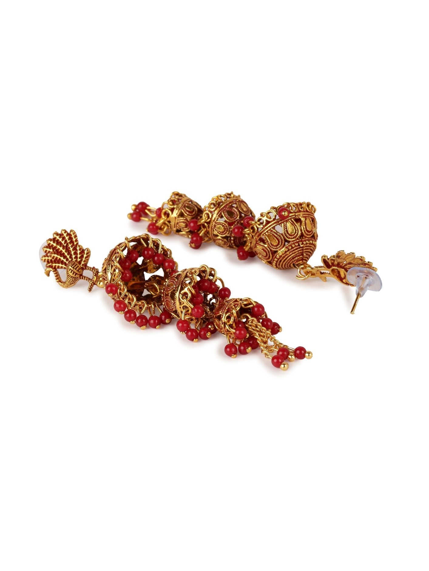 Women's Gold Plated & Red Enamelled Peacock Shaped Jhumkas