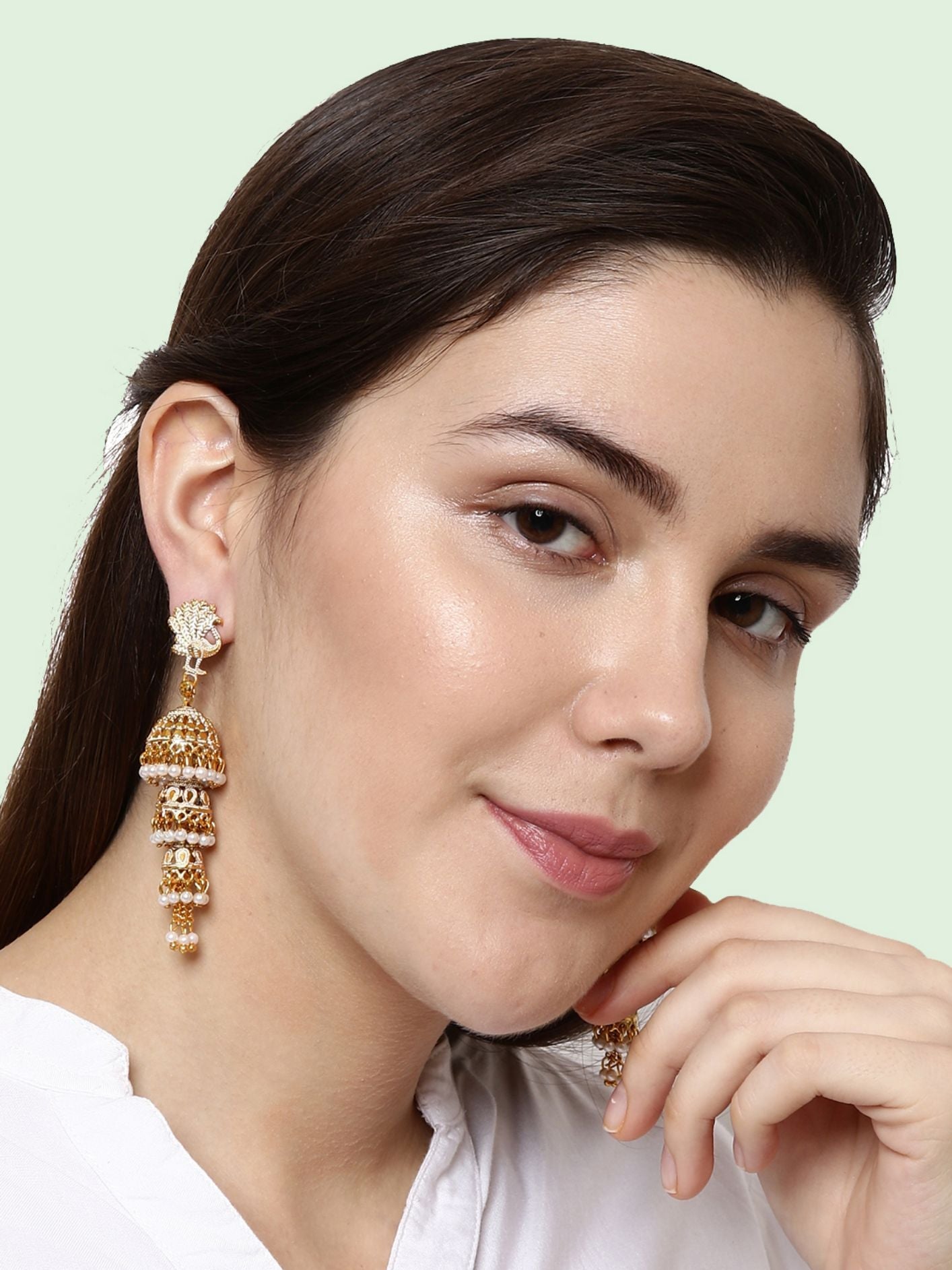 Women's Gold Plated & White Enamelled Peacock Shaped Jhumkas