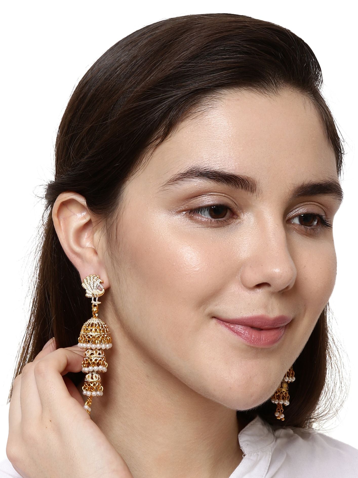 Women's Gold Plated & White Enamelled Peacock Shaped Jhumkas - Anikas Creation