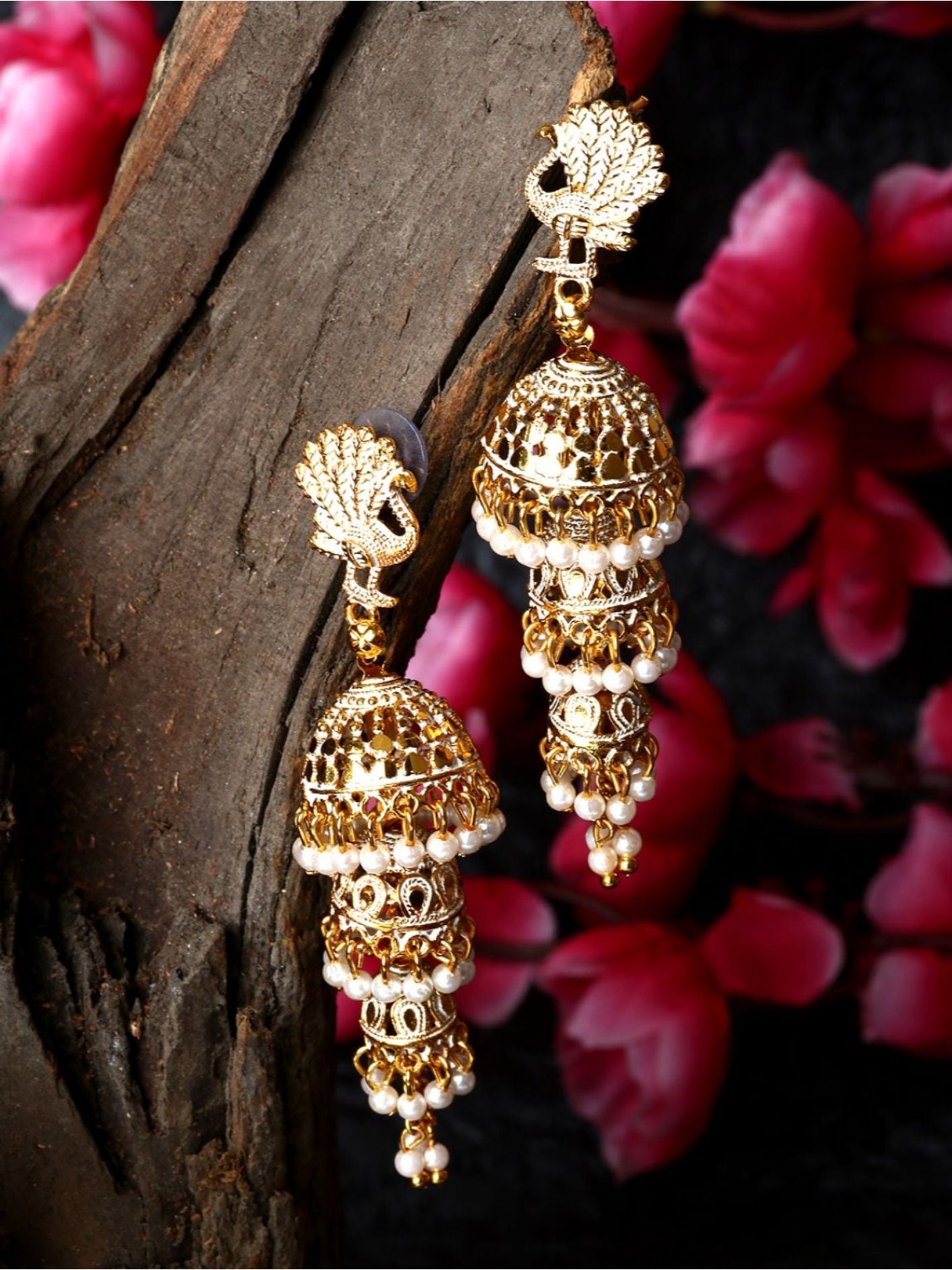 Women's Gold Plated & White Enamelled Peacock Shaped Jhumkas