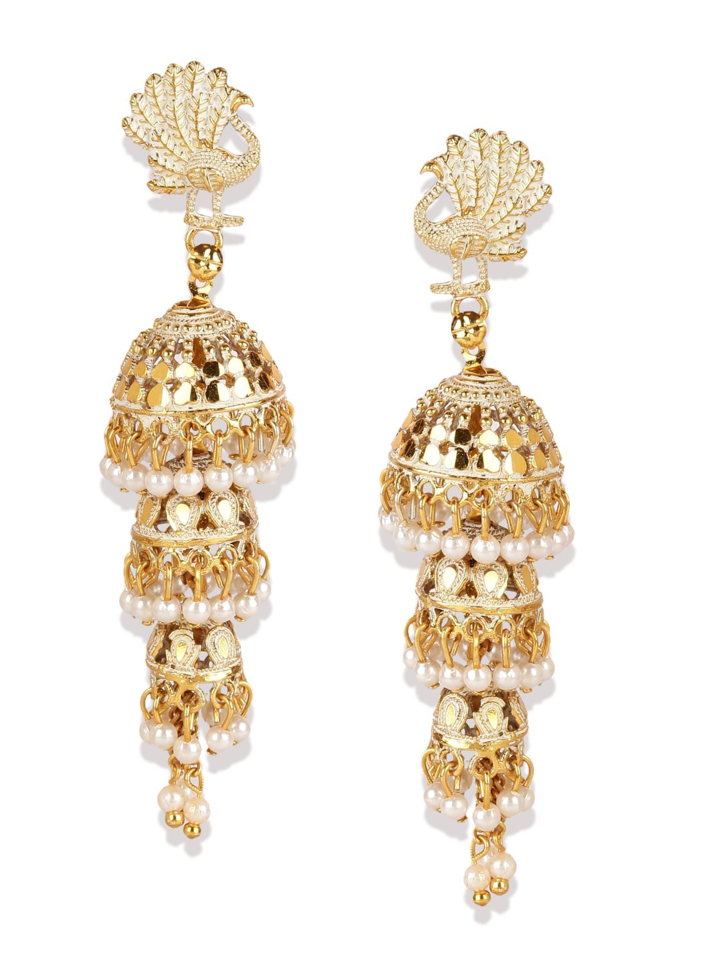 Women's Gold Plated & White Enamelled Peacock Shaped Jhumkas