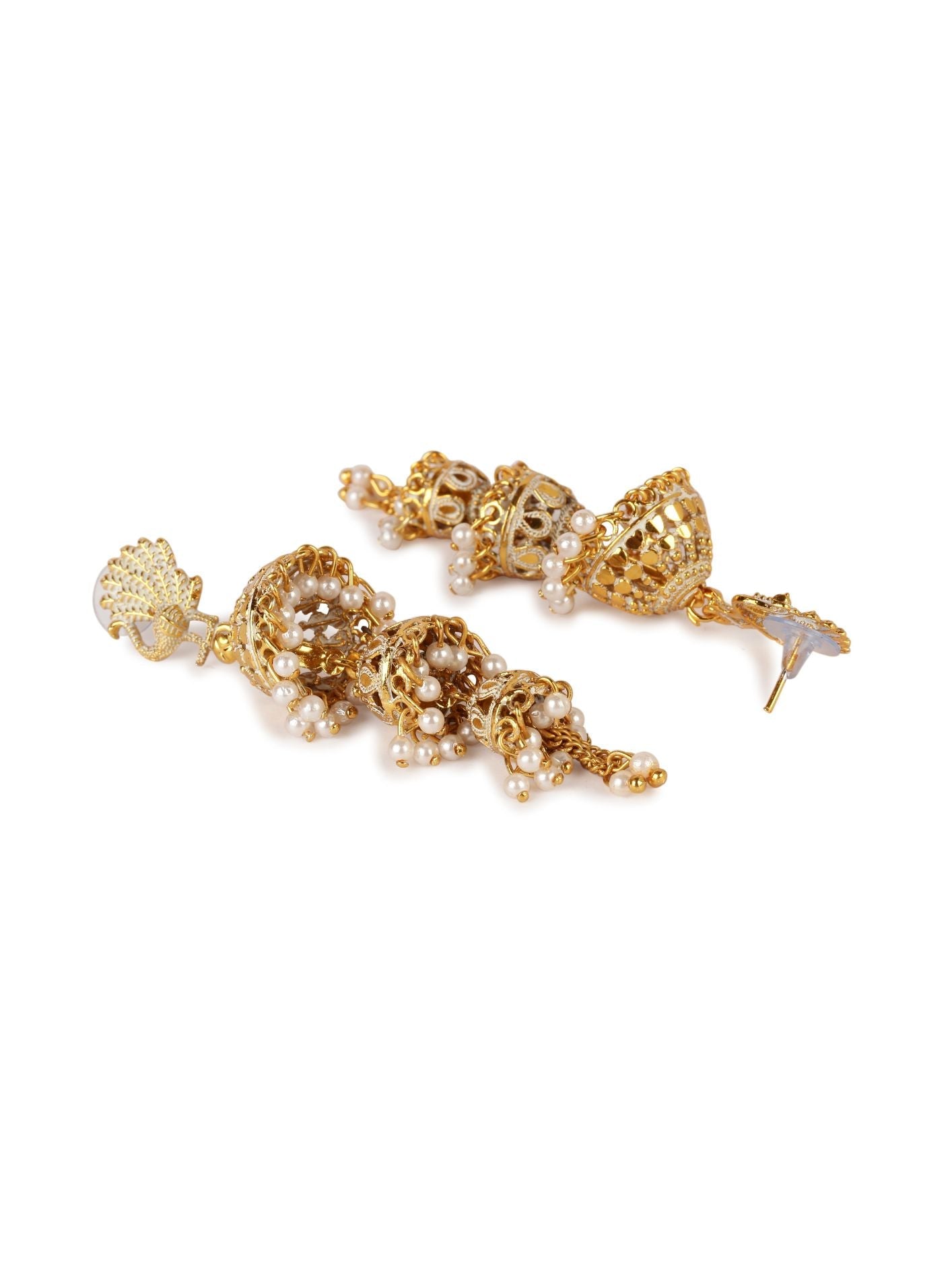 Women's Gold Plated & White Enamelled Peacock Shaped Jhumkas