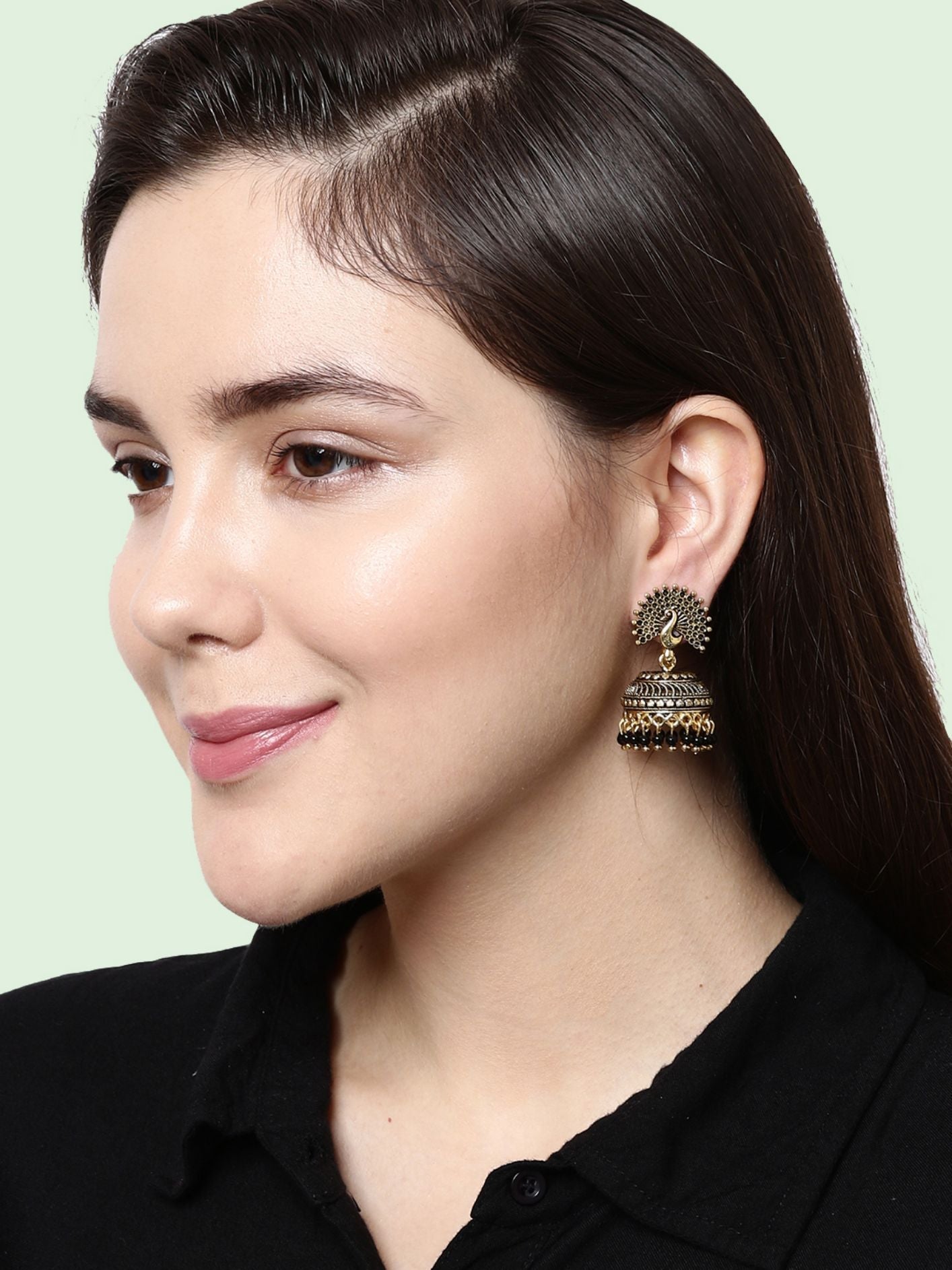 Women's Gold Plated & Black Peacock Shaped Enamelled Jhumkas