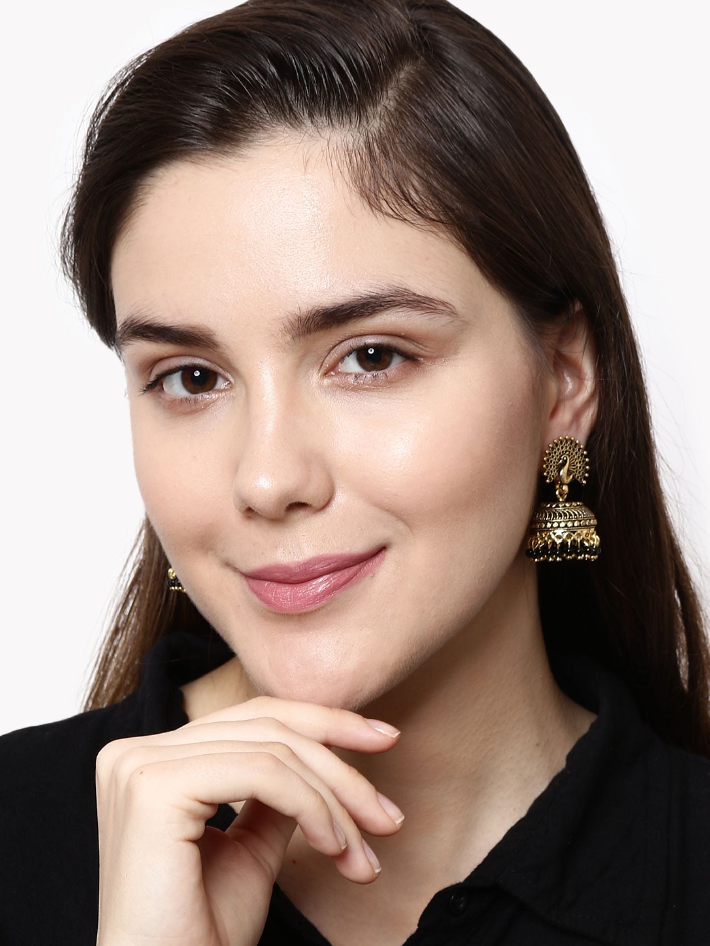 Women's Gold Plated & Black Peacock Shaped Enamelled Jhumkas
