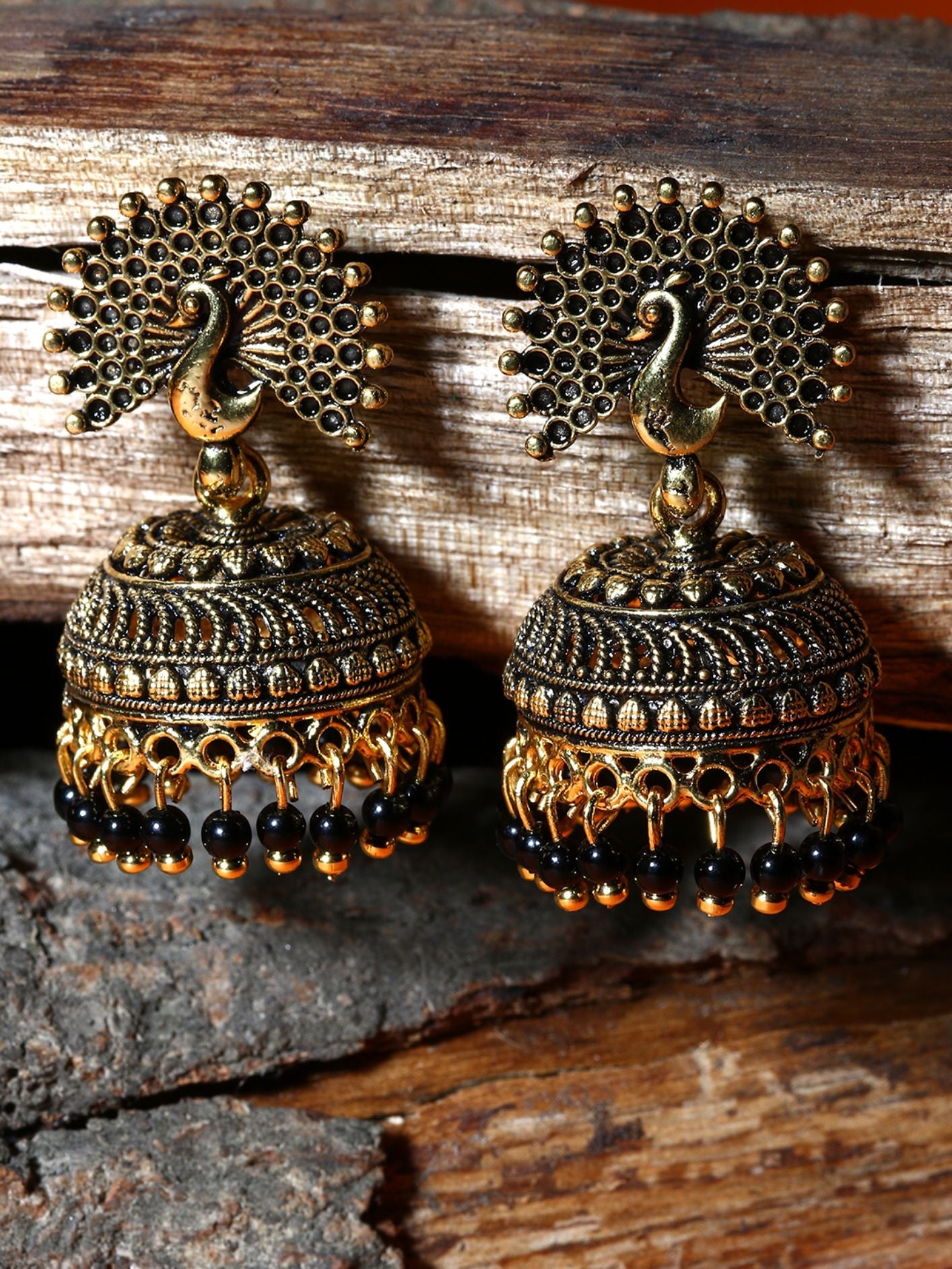 Women's Gold Plated & Black Peacock Shaped Enamelled Jhumkas
