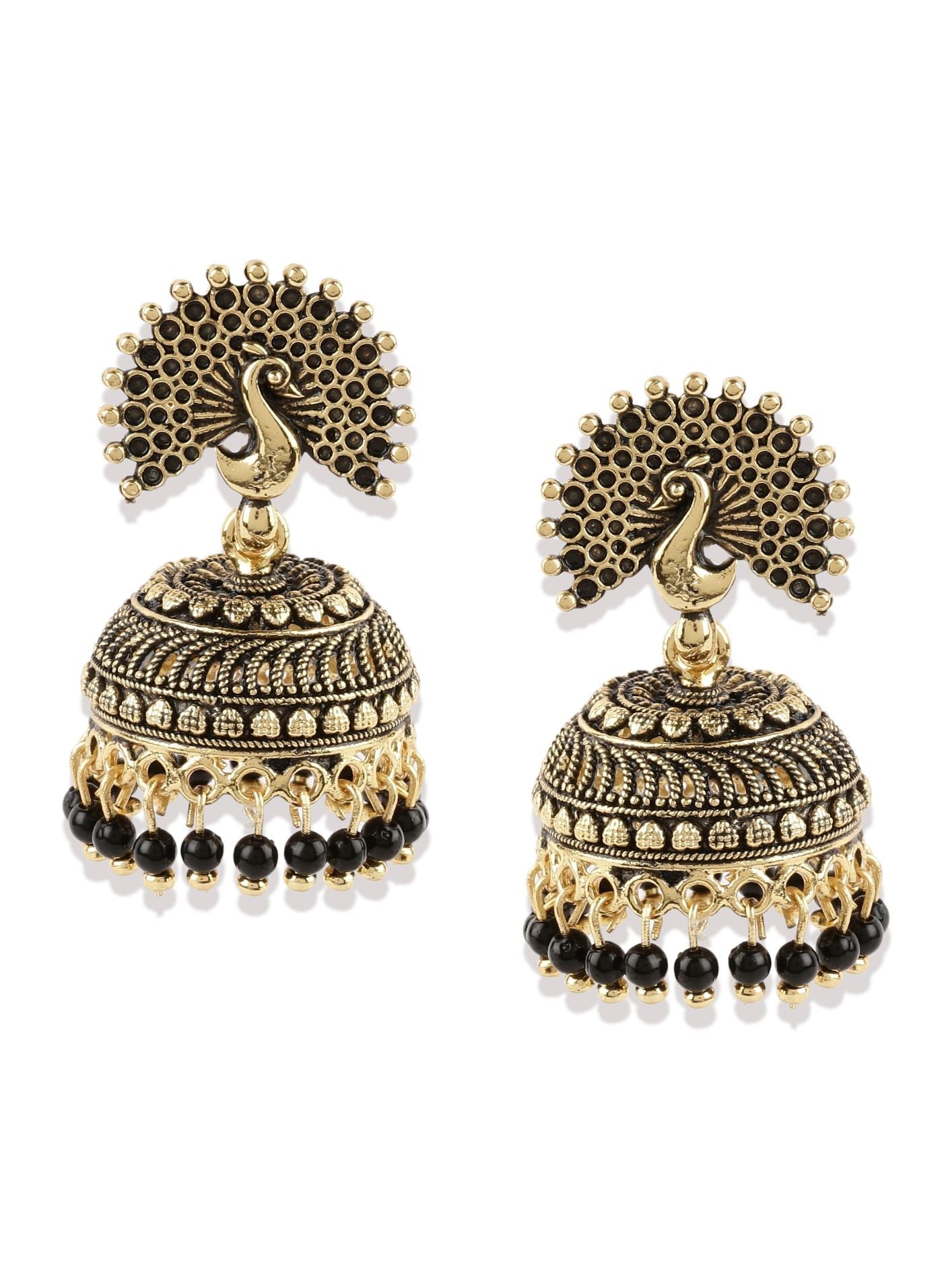 Women's Gold Plated & Black Peacock Shaped Enamelled Jhumkas