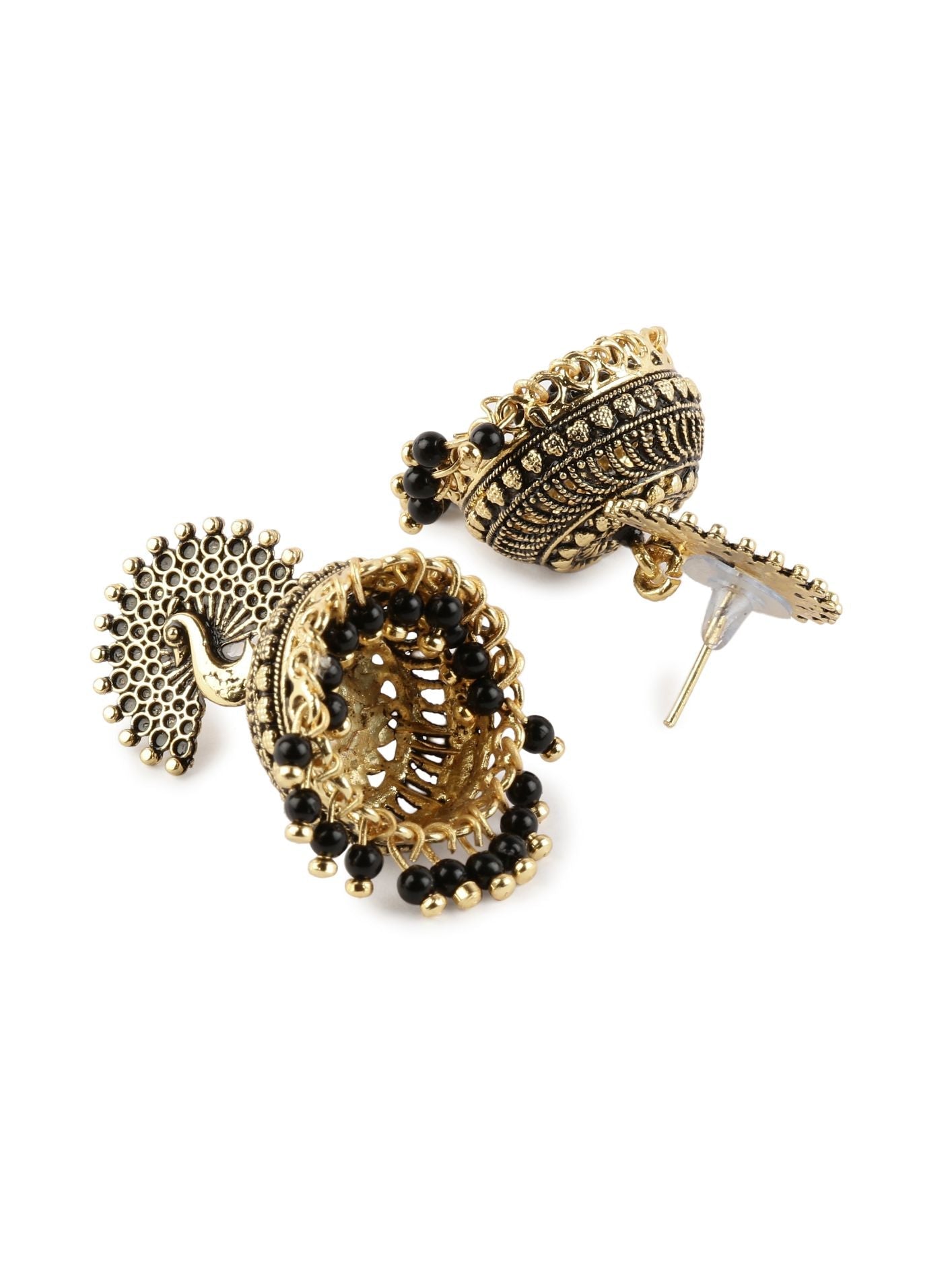 Women's Gold Plated & Black Peacock Shaped Enamelled Jhumkas