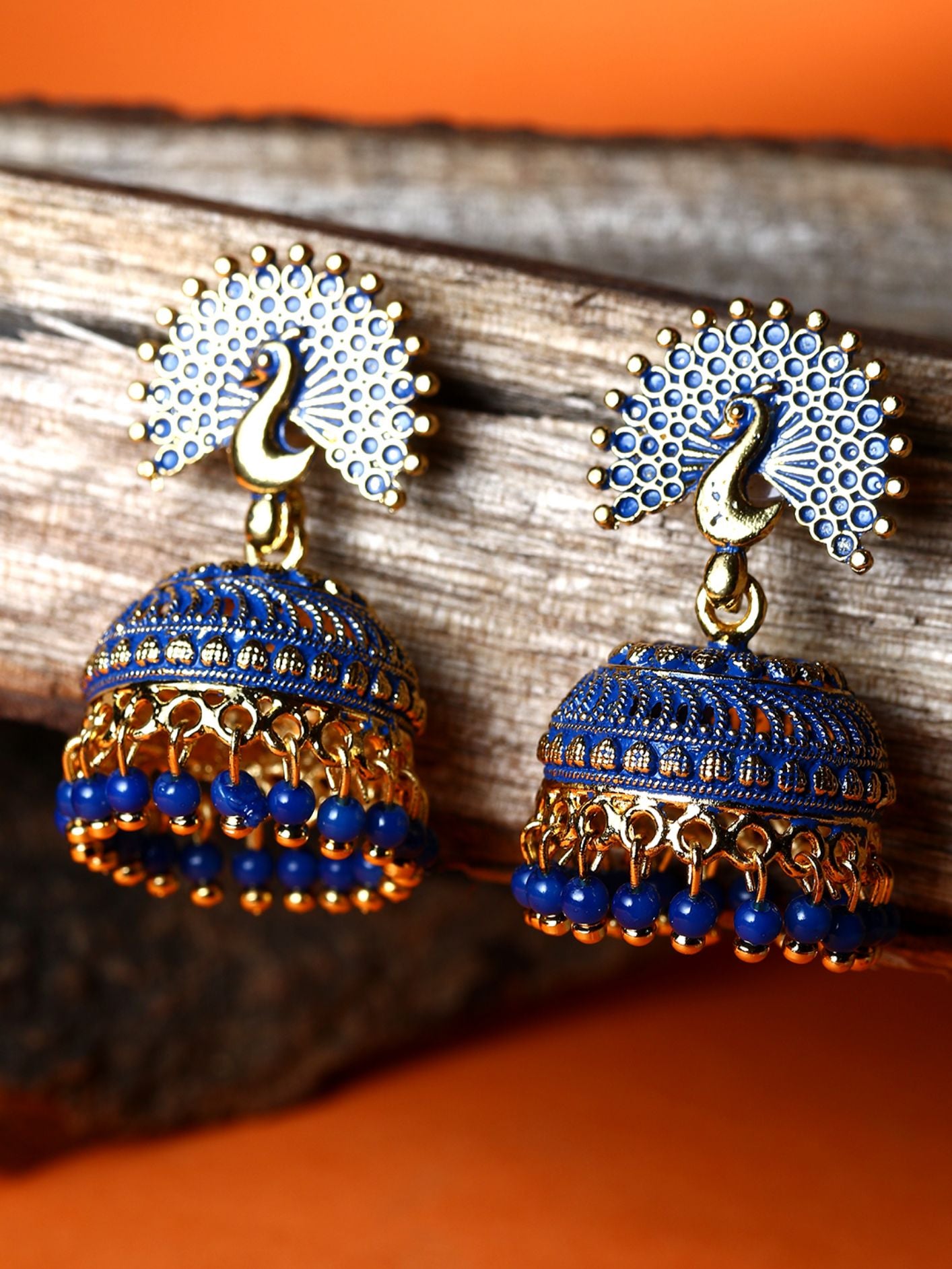 Women's Blue & Gold-Plated Enamelled Dome Shaped Jhumkas - Anikas Creation