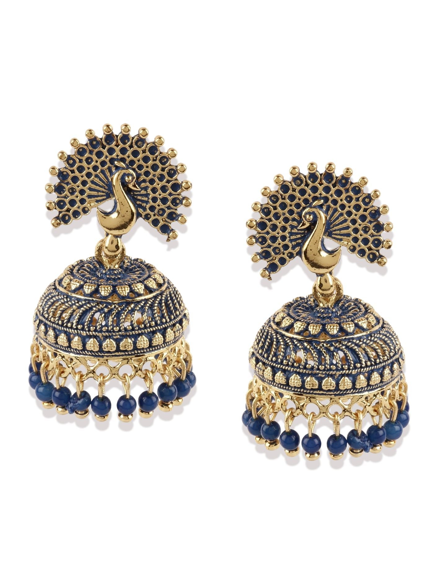Women's Blue & Gold-Plated Enamelled Dome Shaped Jhumkas