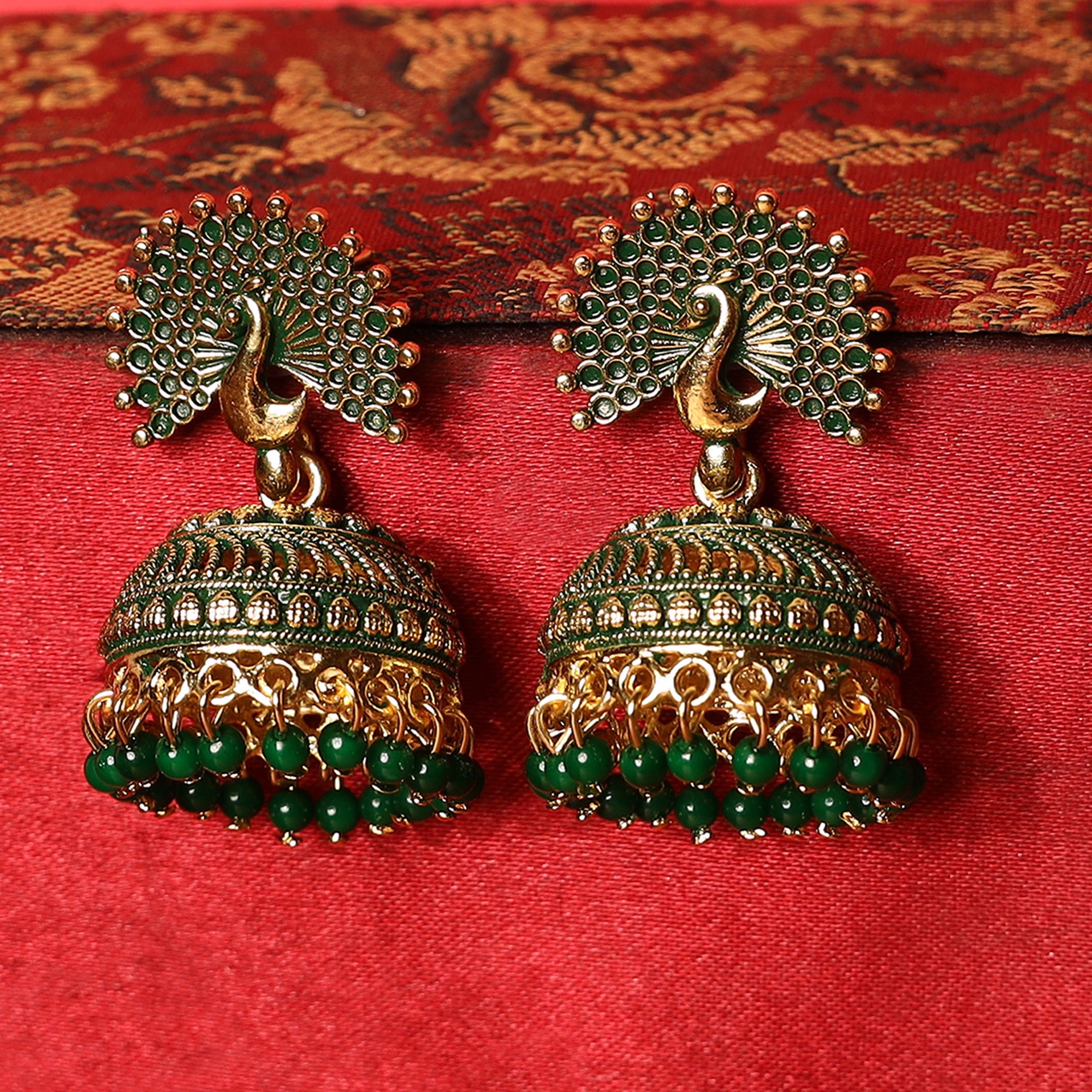 Women's Traditional Gold Plated Enamelled Green Jhumka Earring - Anikas Creation
