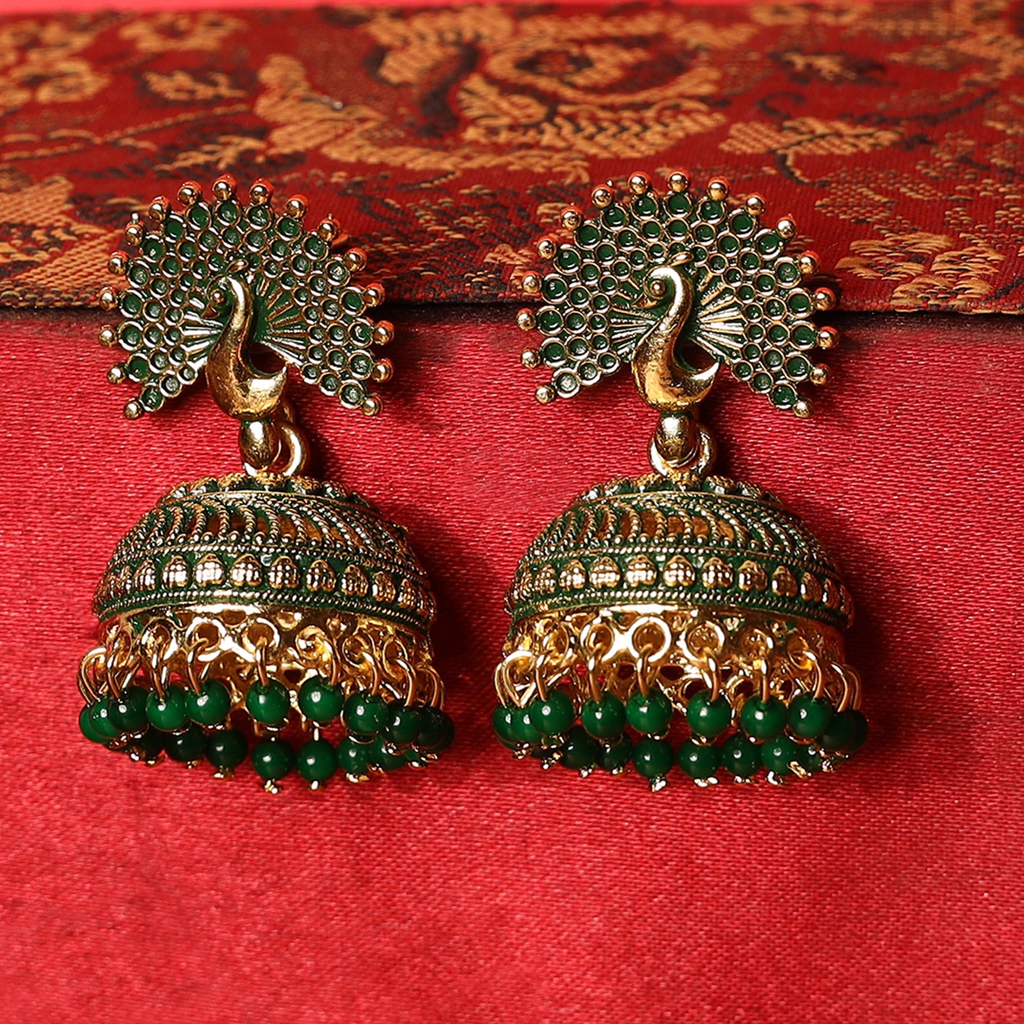 Women's Traditional Gold Plated Enamelled Green Jhumka Earring
