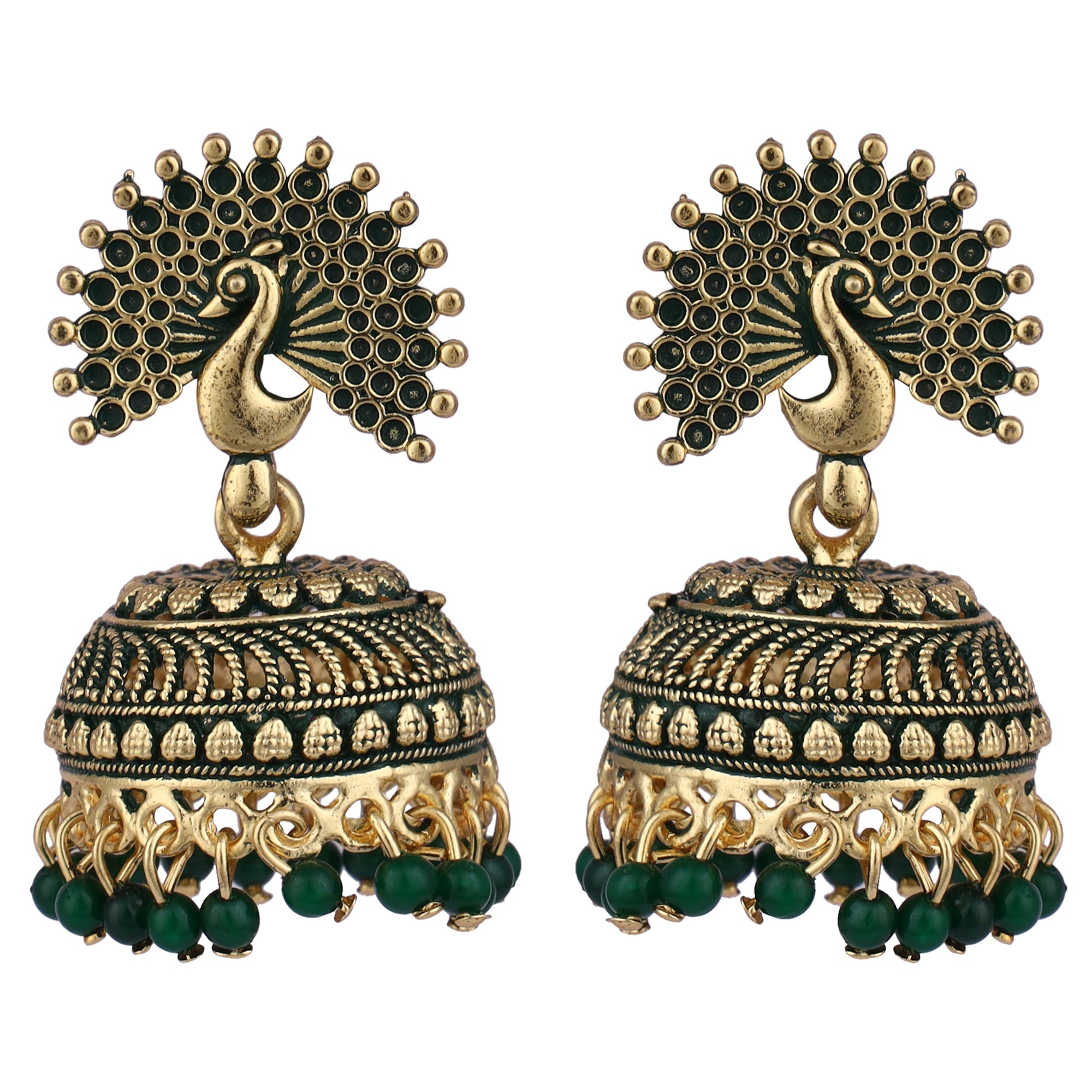 Women's Traditional Gold Plated Enamelled Green Jhumka Earring