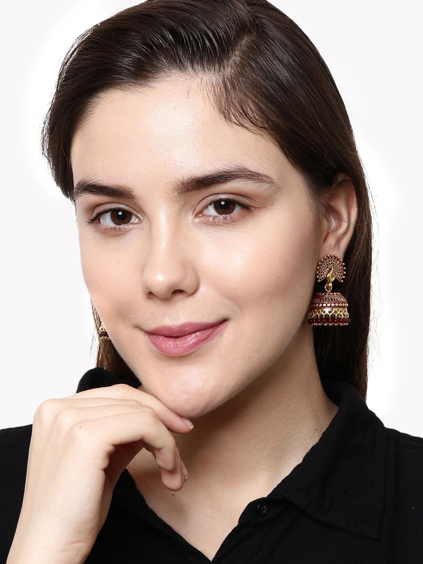 Women's Maroon & Gold-Plated Enamelled Dome Shaped Jhumkas