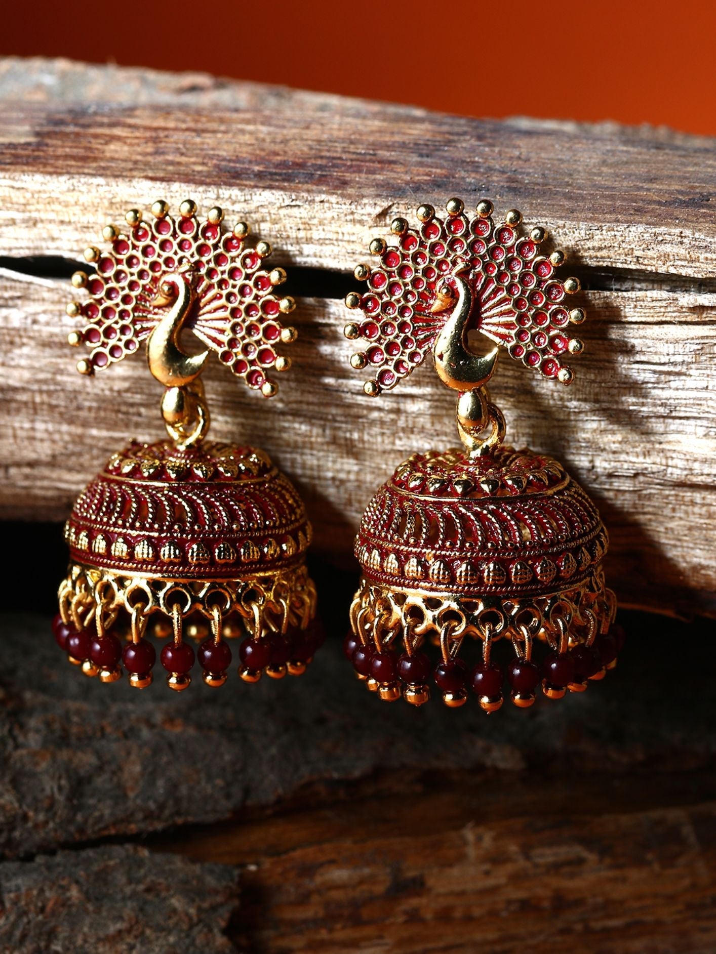 Women's Maroon & Gold-Plated Enamelled Dome Shaped Jhumkas