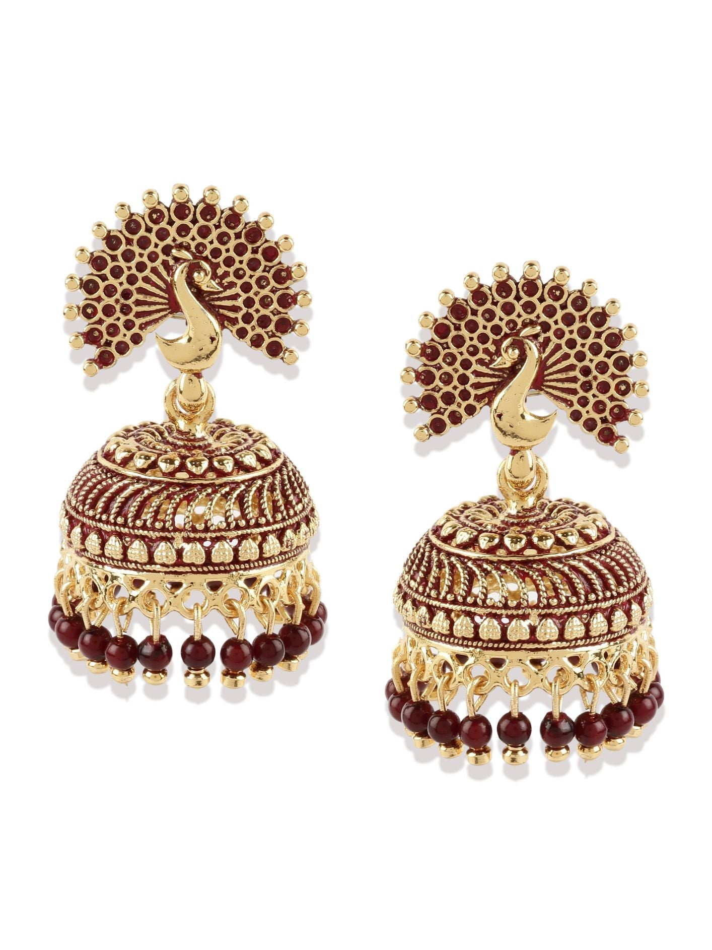 Women's Maroon & Gold-Plated Enamelled Dome Shaped Jhumkas