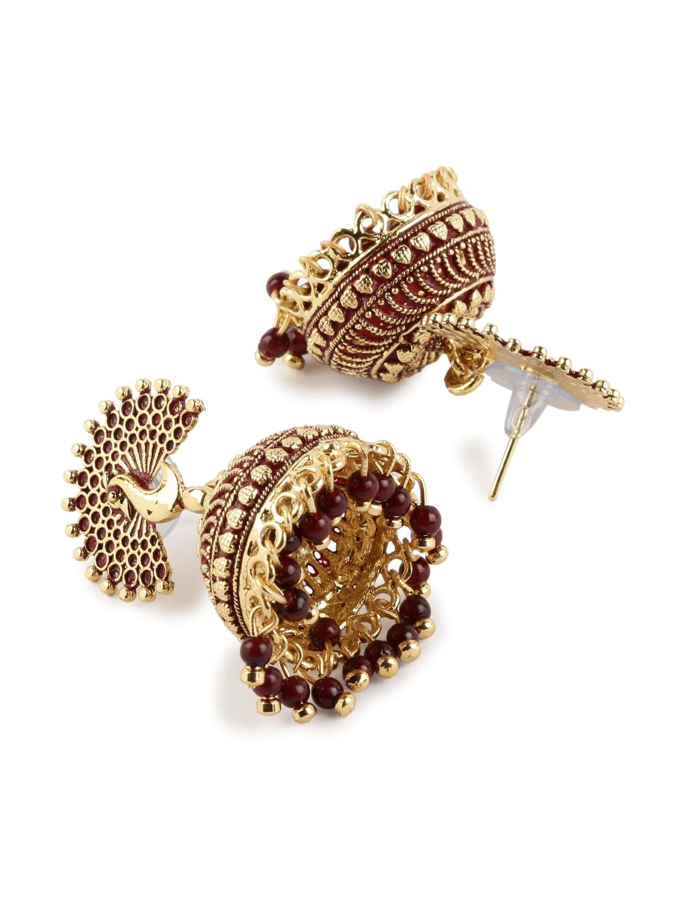 Women's Maroon & Gold-Plated Enamelled Dome Shaped Jhumkas