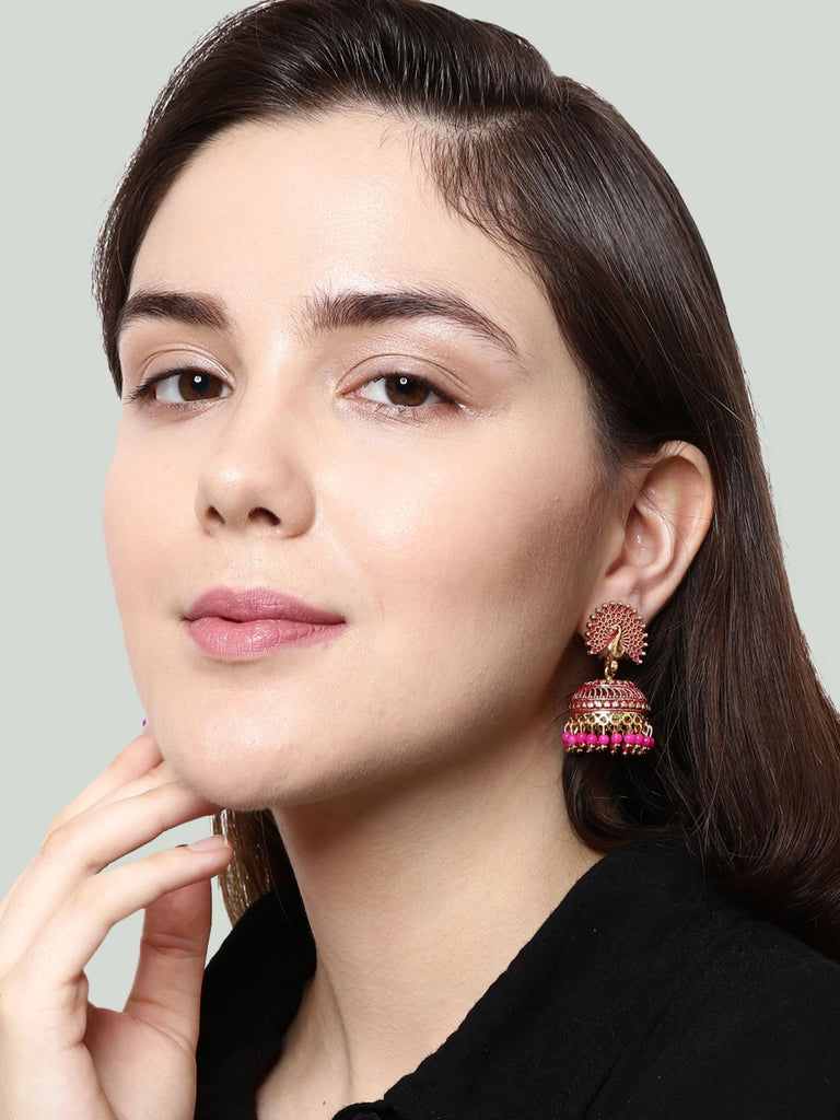 Women's Pink & Gold-Plated Enamelled Dome Shaped Jhumkas