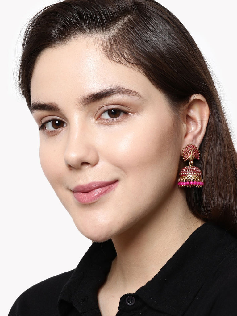 Women's Pink & Gold-Plated Enamelled Dome Shaped Jhumkas