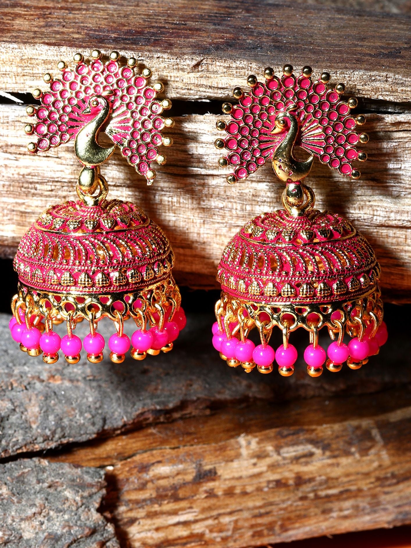 Women's Pink & Gold-Plated Enamelled Dome Shaped Jhumkas - Anikas Creation