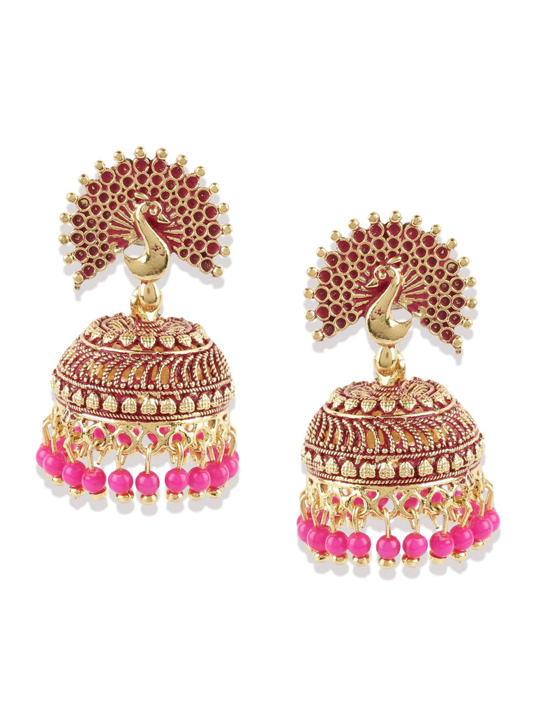 Women's Pink & Gold-Plated Enamelled Dome Shaped Jhumkas
