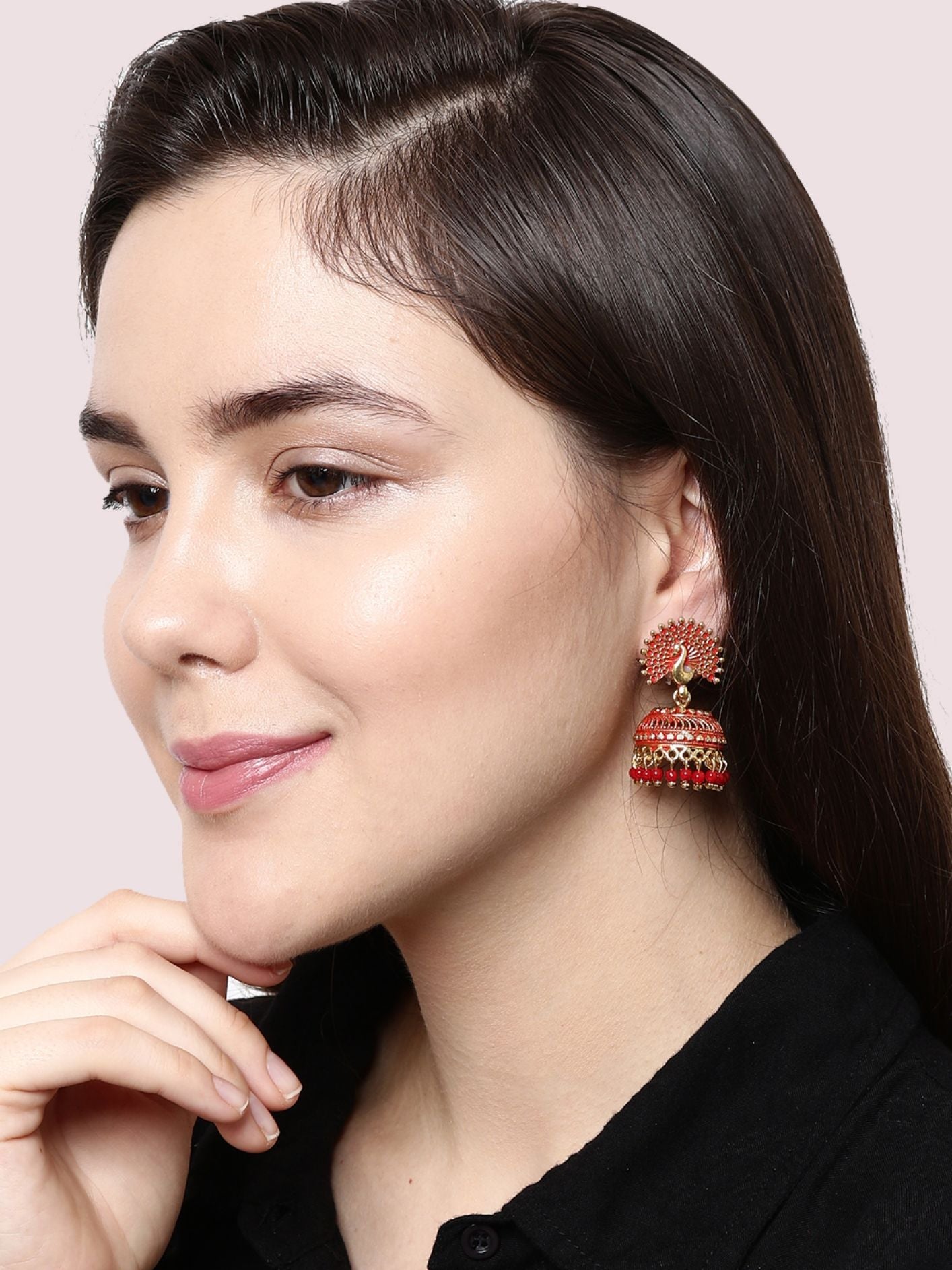 Women's Red & Gold-Plated Enamelled Dome Shaped Jhumkas