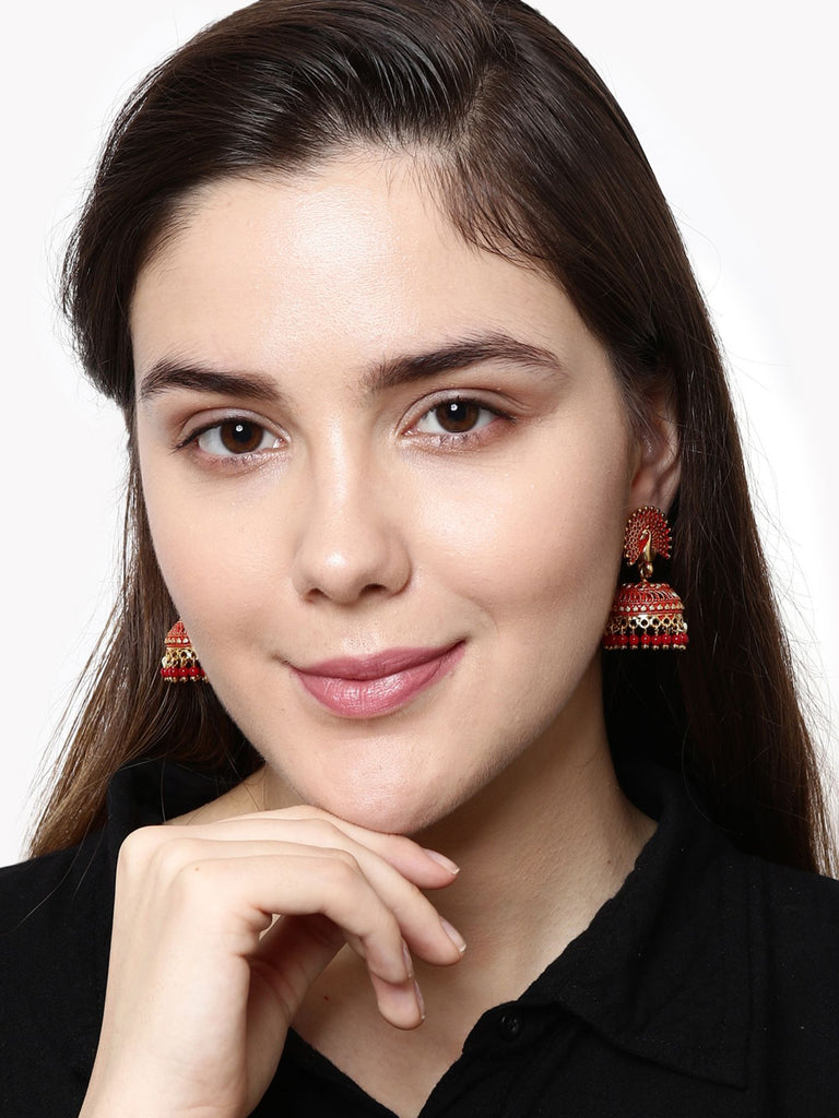Women's Red & Gold-Plated Enamelled Dome Shaped Jhumkas
