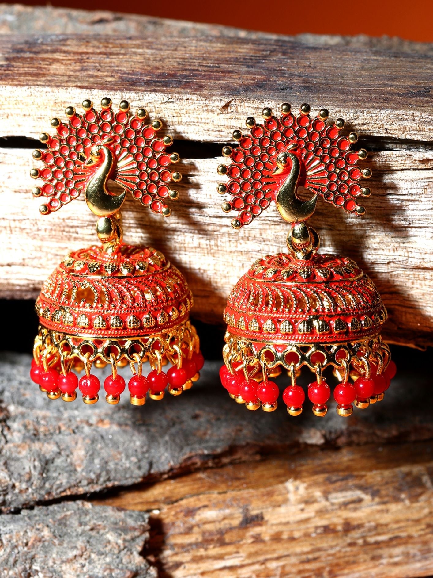 Women's Red & Gold-Plated Enamelled Dome Shaped Jhumkas