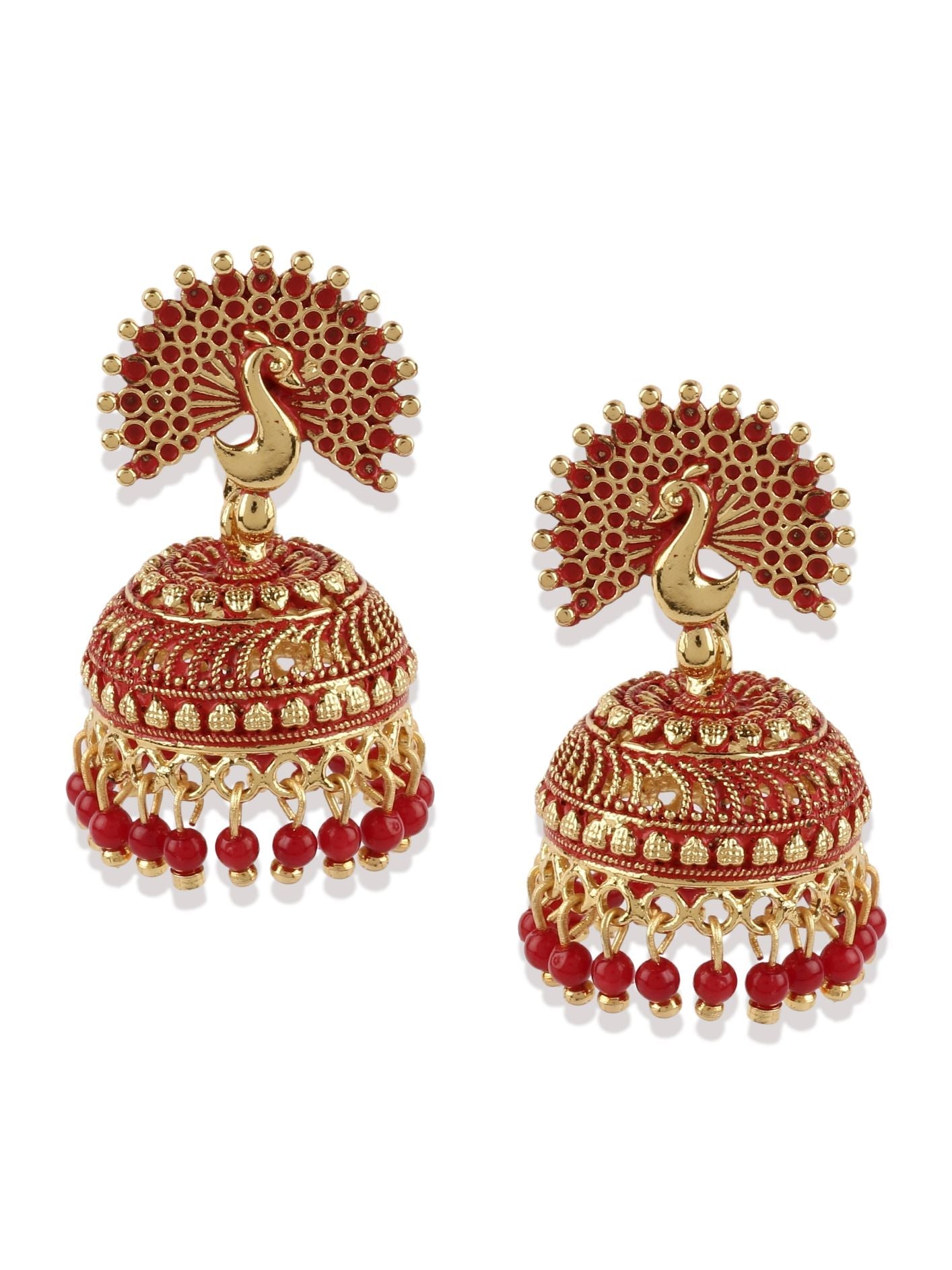 Women's Red & Gold-Plated Enamelled Dome Shaped Jhumkas